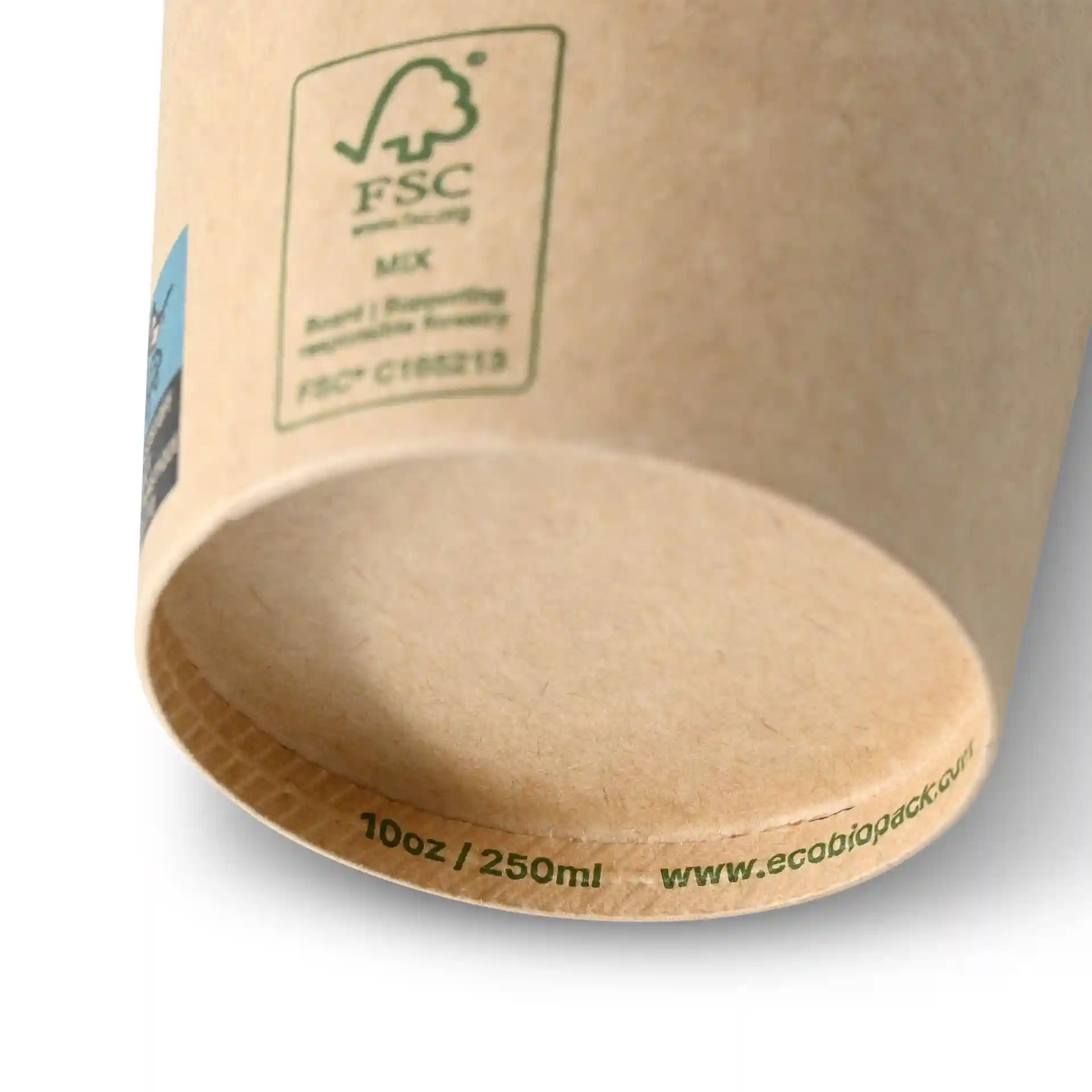 Brązowy kubek papierowy o średnicy 90 mm, pokazujący dno z oznaczeniami objętości 10 oz i 250 ml.