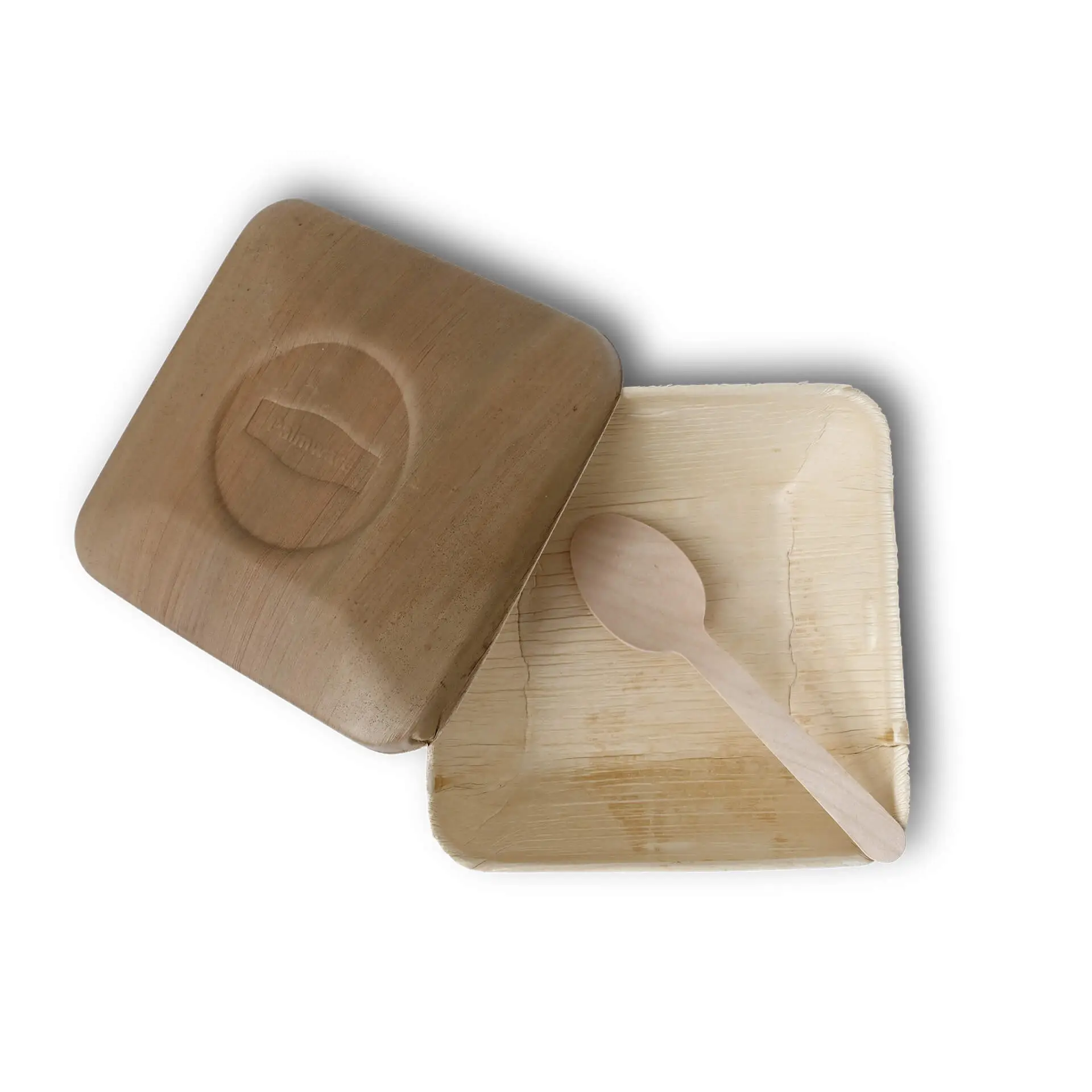 Miska z liści palmowych z pokrywką i drewnianą łyżką w środku, odpowiednia do gorących i tłustych potraw, przyjazna dla środowiska i biodegradowalna.