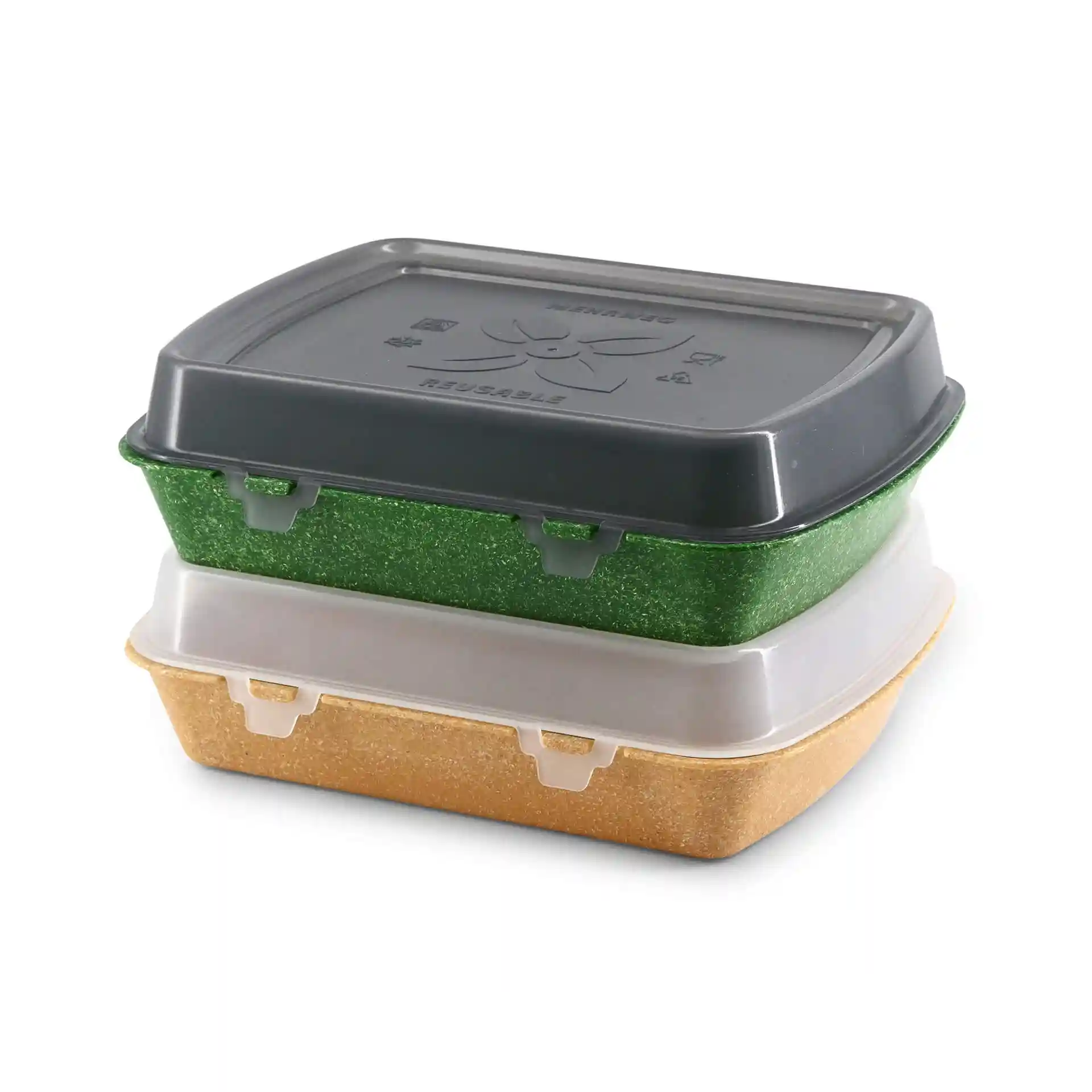 Stosowane wielokrotnego użytku pojemniki na menu w zielonym, ciemnozielonym i beżowym, w prostokątnych kształtach z pokrywkami.