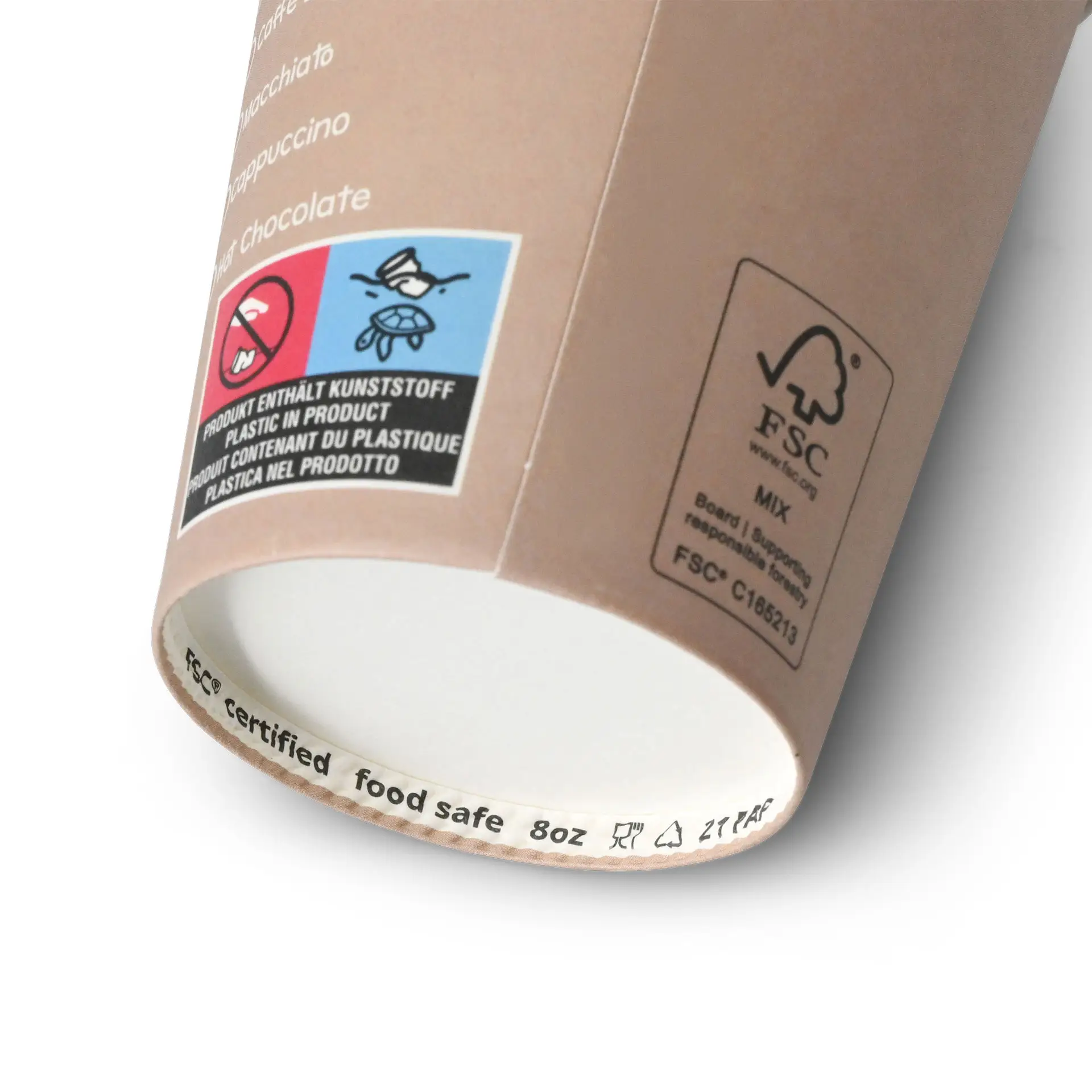 Jeden 8 oz biały kubek papierowy z nadrukowanym wzorem; zawiera logo i etykiety z informacjami o bezpieczeństwie i recyklingu.