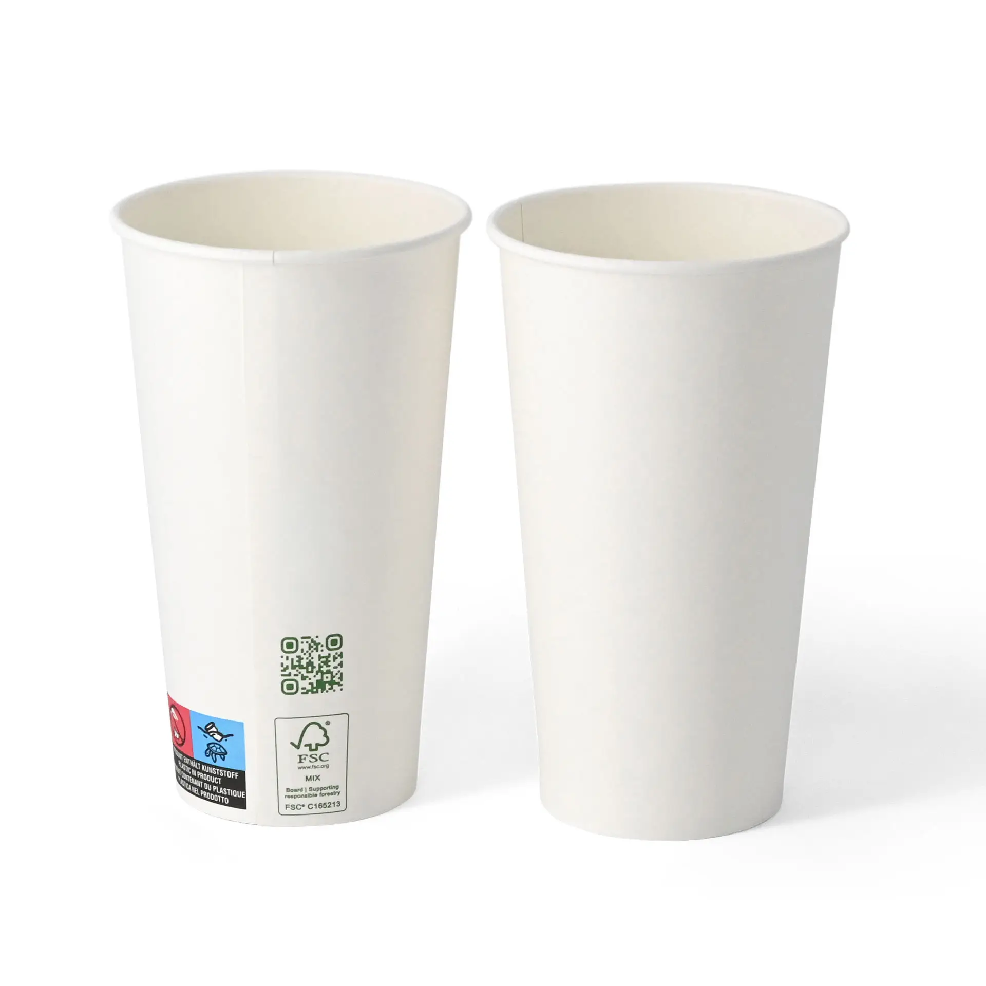 Jednowarstwowy biały kubek papierowy, 500 ml, pokryty PLA, z kodem QR i informacjami o zrównoważonym rozwoju.