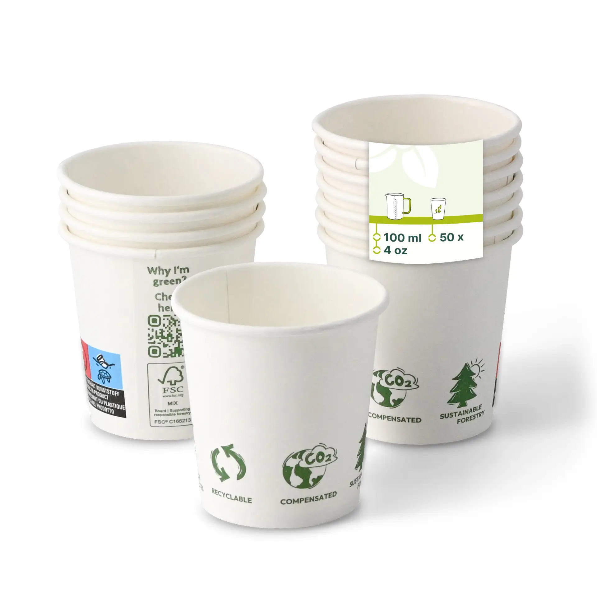 Kubek papierowy 100 ml / 4 oz, Ø 62 mm, z nadrukiem „EcoUp©”, jednowarstwowy, biały, powlekany PLA