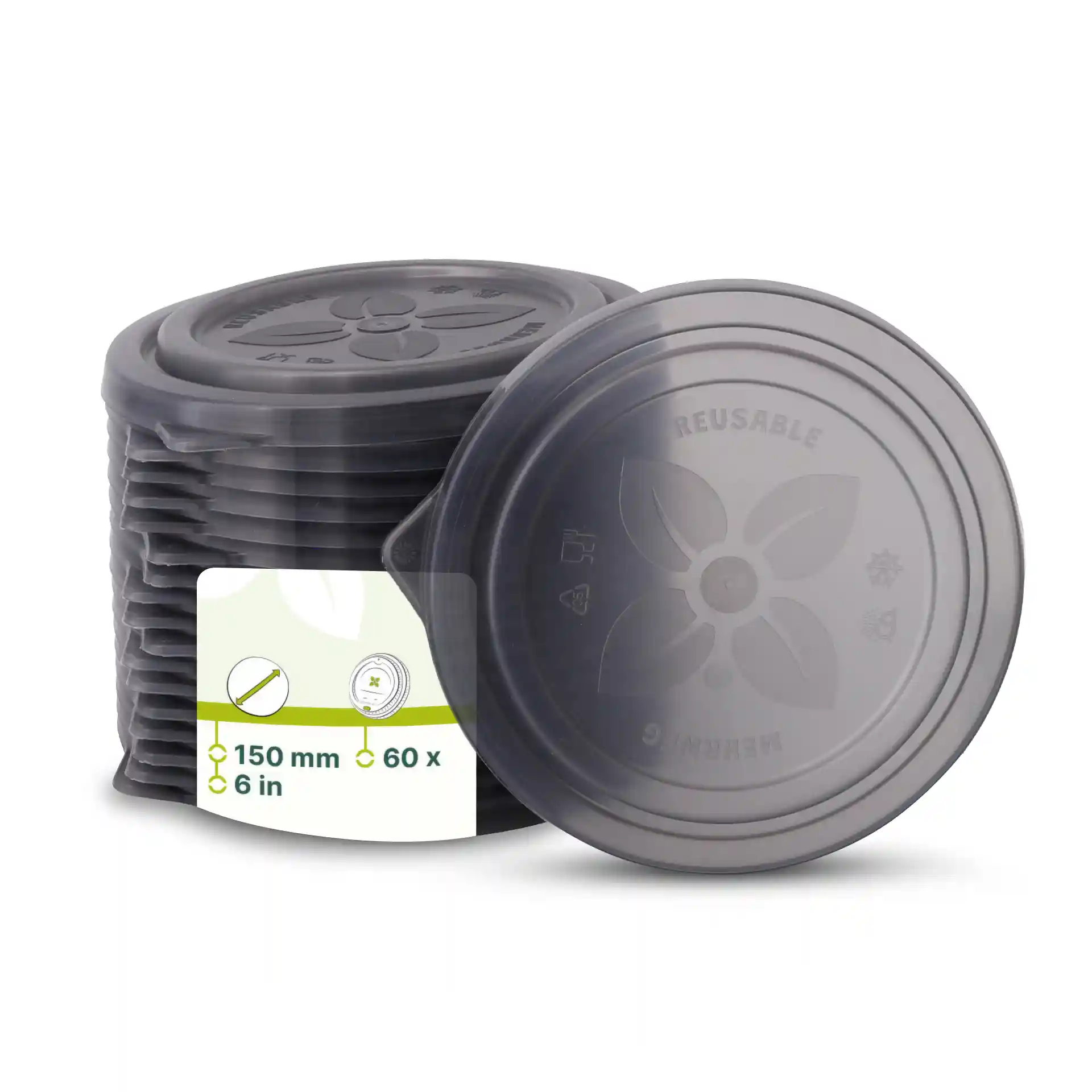 Stos szarych wielokrotnego użytku pokryw do misek, 150 mm średnicy, z etykietą z danymi produktu.