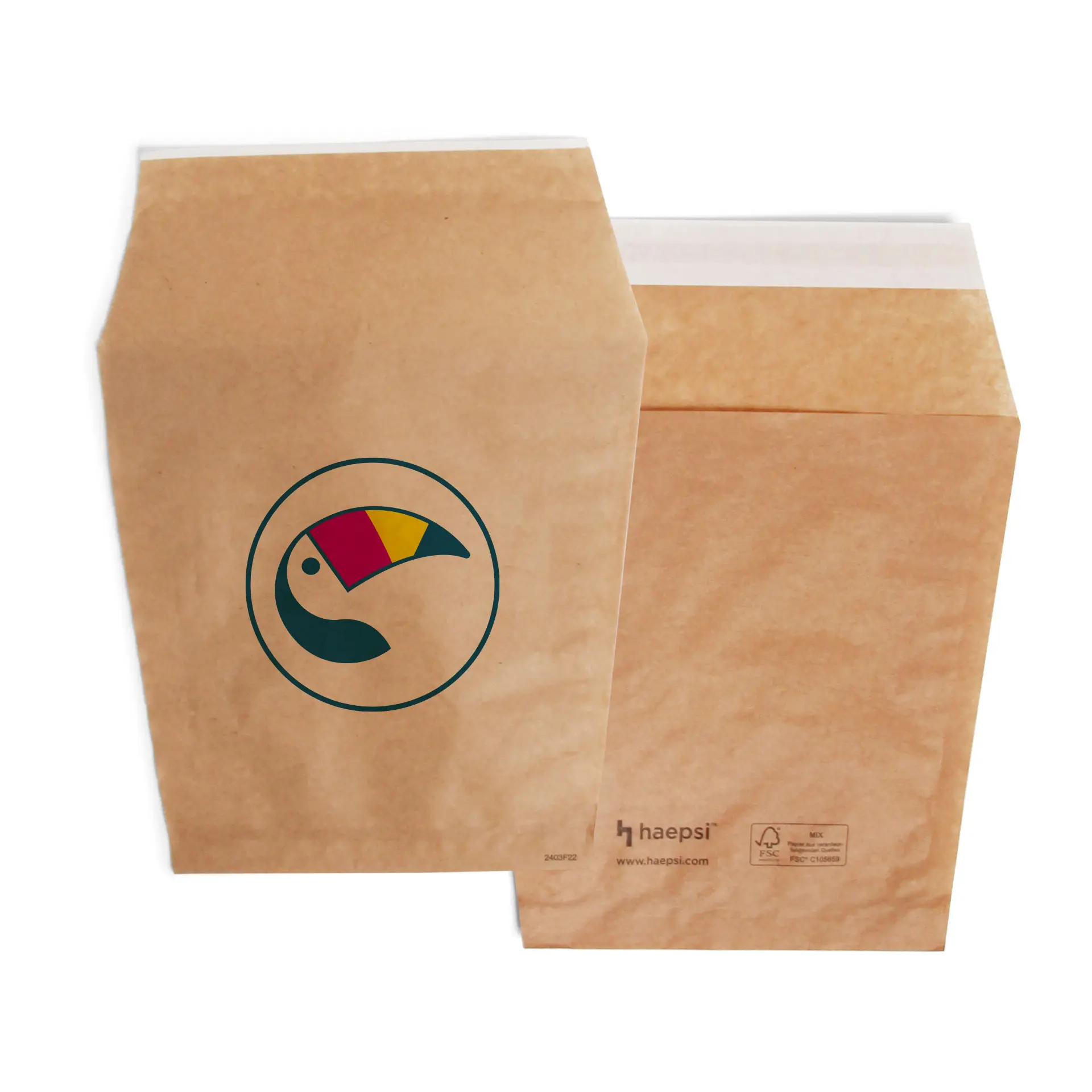 Spersonalizowane brązowe torby na frytki z integralnym zamknięciem klejącym; z logo przedstawiającym tukana.