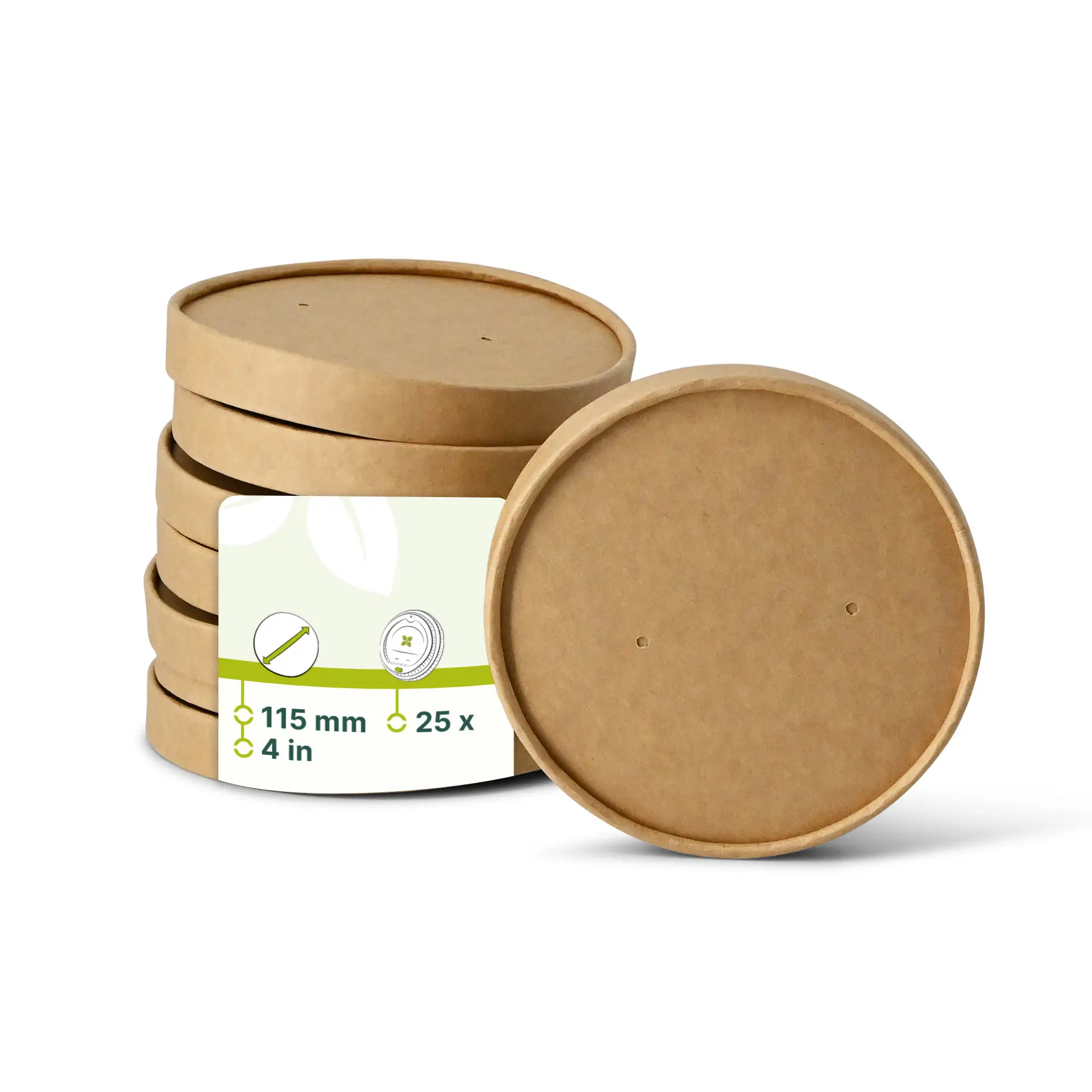 Pokrywy z tektury membranowej, średnica 115 mm, brązowe; stos kilku pokryw z widocznymi szczegółami opakowania.