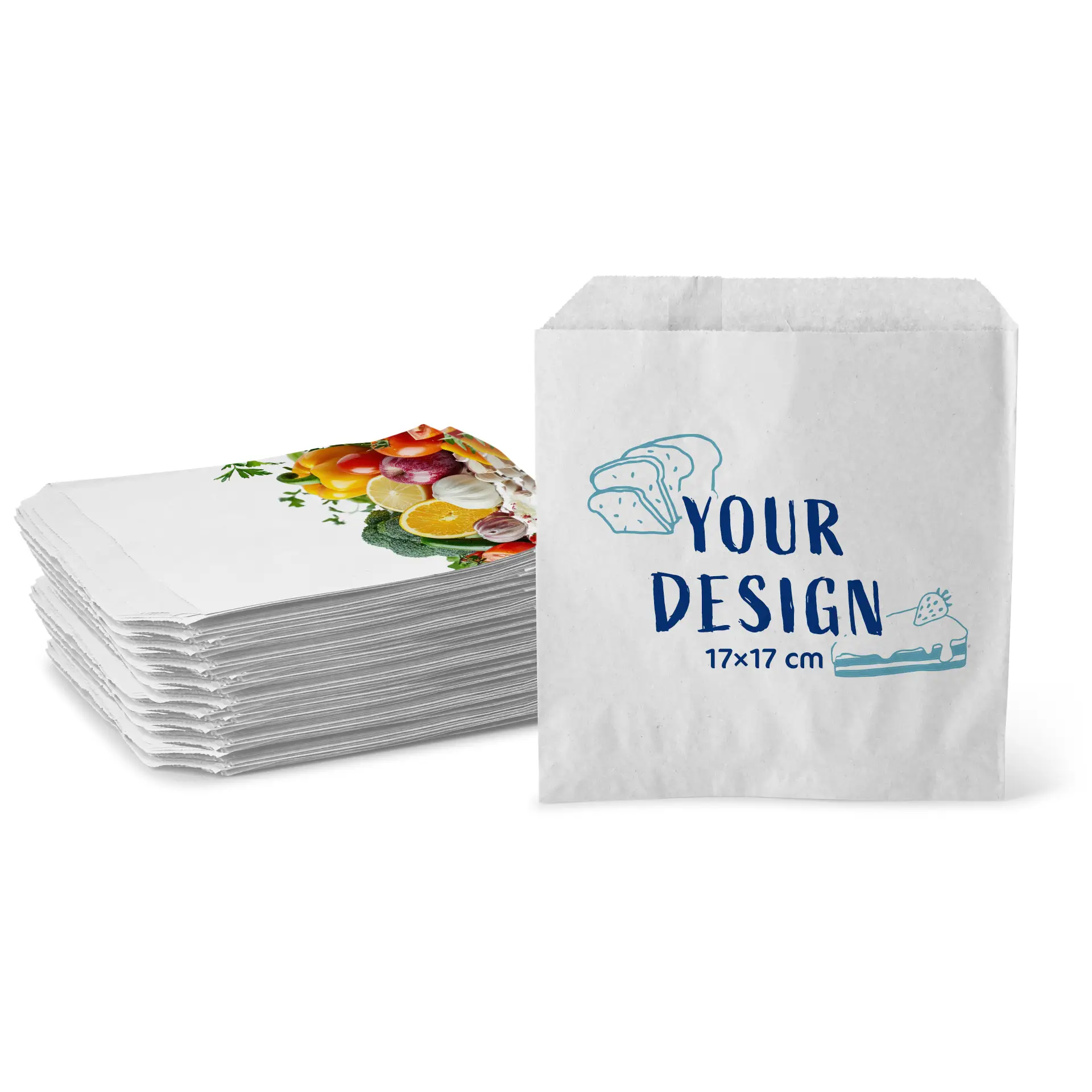 Torby płaskie z nadrukiem, białe, 17 × 17 cm
