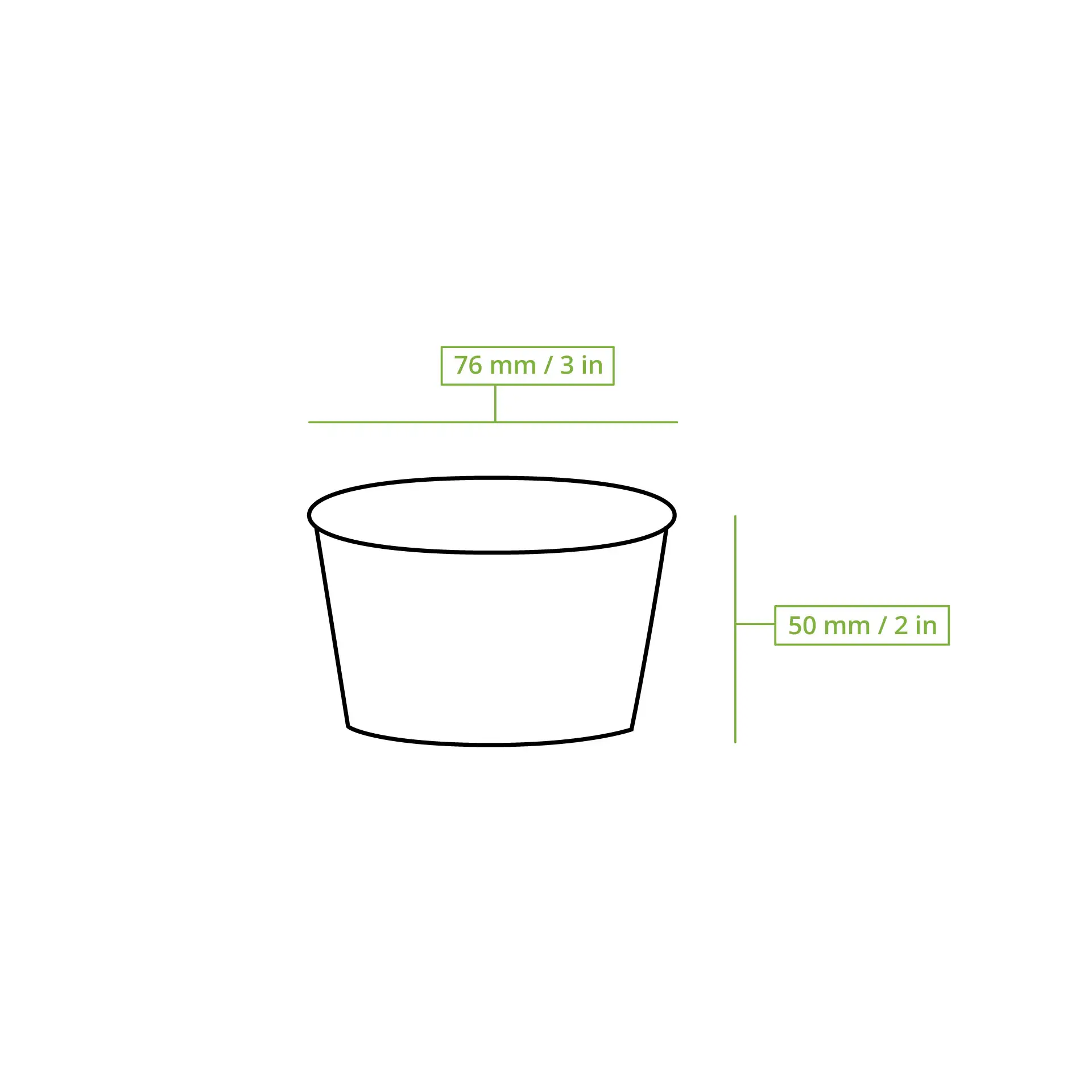 Czarny zarys okrągłego kubka papierowego z wymiarami: średnica 76 mm i wysokość 50 mm.