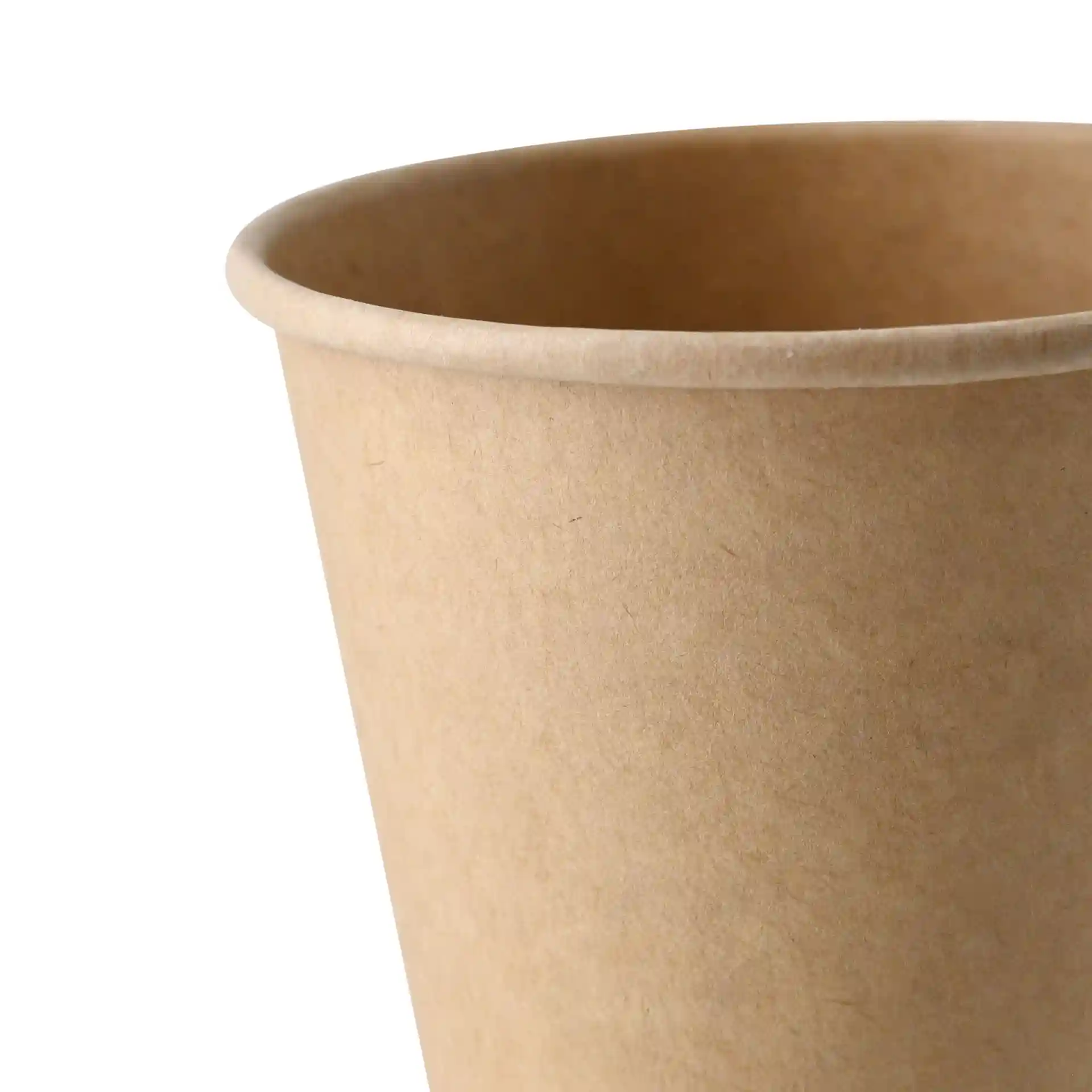 Brązowy papierowy kubek z pojedynczą ścianką, pojemność 250 ml i średnica 90 mm.