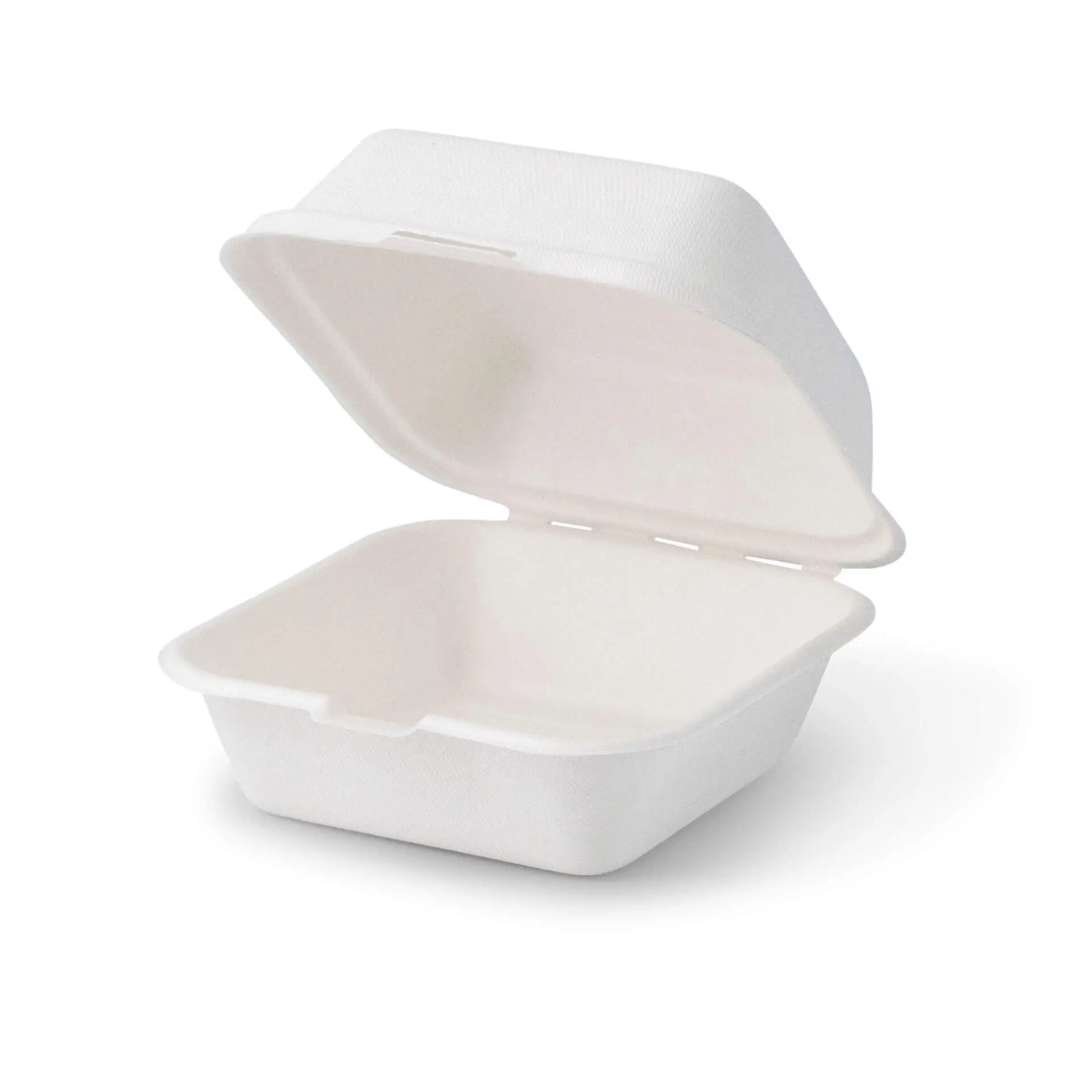 Ekologiczny pojemnik na burger z trzciny cukrowej, kwadratowy kształt, 15 x 15 x 8 cm, bez dodatków i powłok, przedstawiony otwarty.
