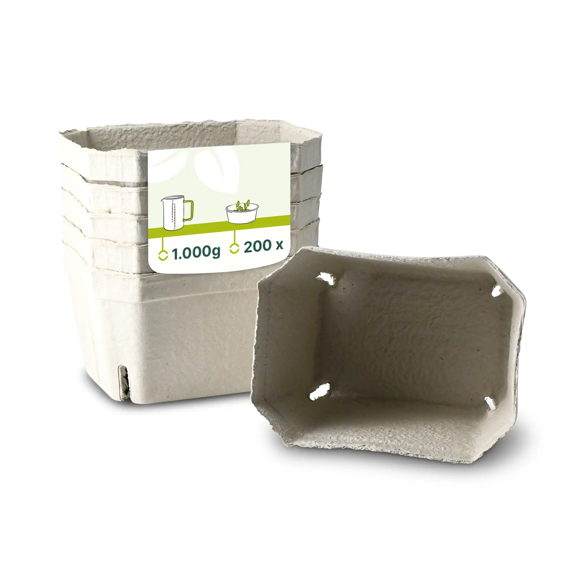 Taca na owoce leśne wykonana z tektury z pulpy drzewnej, można układać w stosy, etykieta wskazuje rozmiar i ilość.