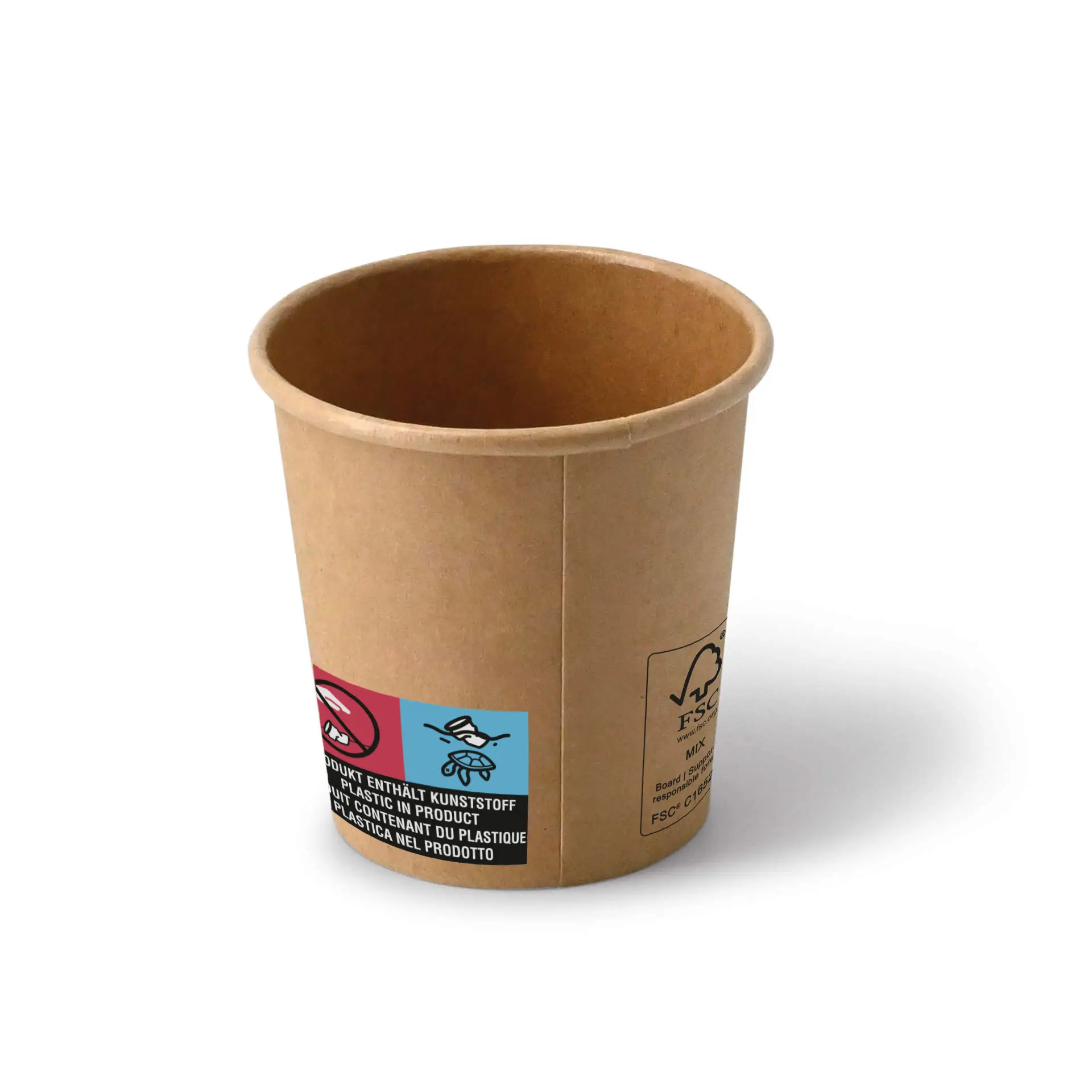 Brązowy kubek papierowy 4 oz o okrągłym kształcie i powłoce, z etykietami z symbolami po bokach.