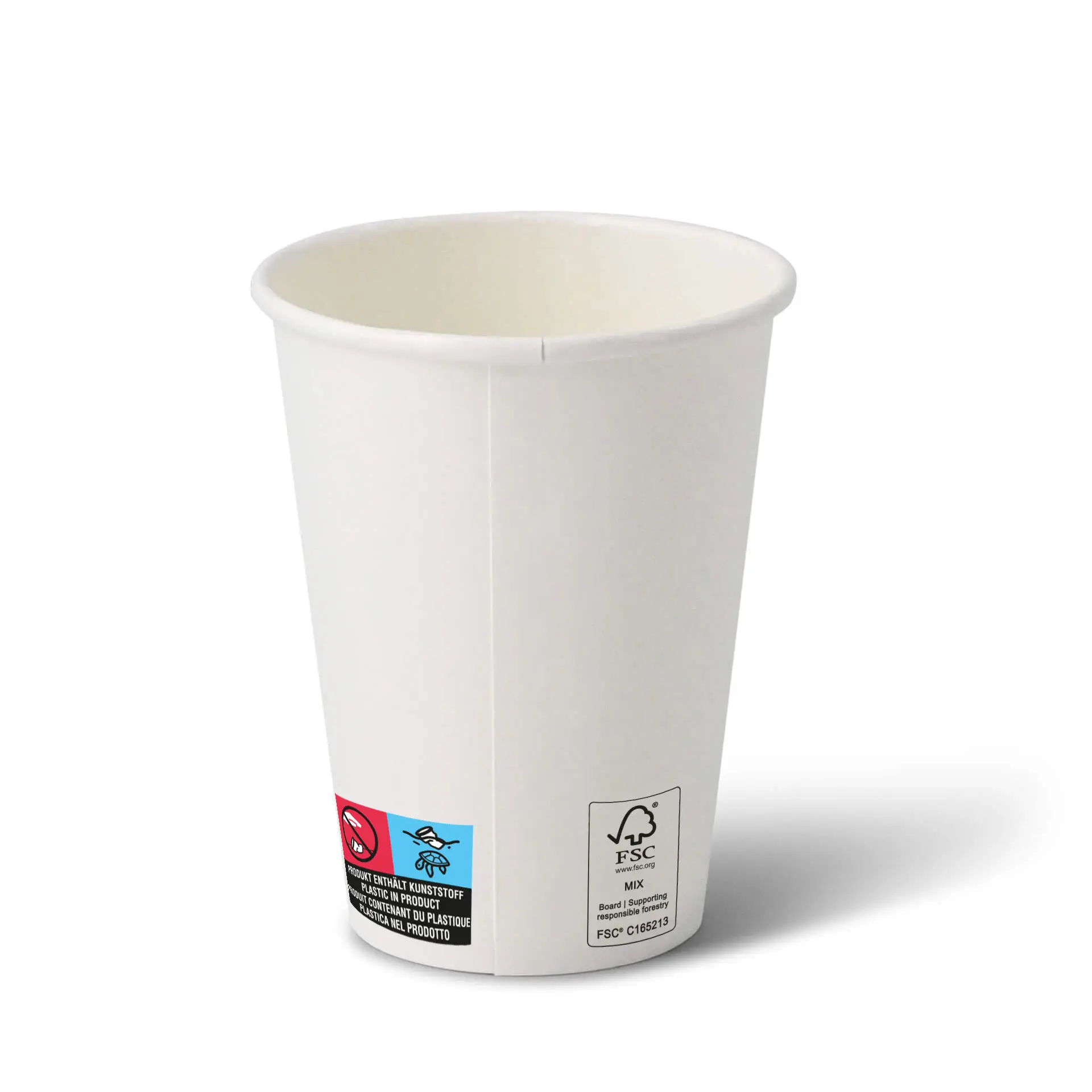 Biały papierowy kubek o okrągłym kształcie, pojemność 12 oz, z widoczną etykietą z symbolami z boku.