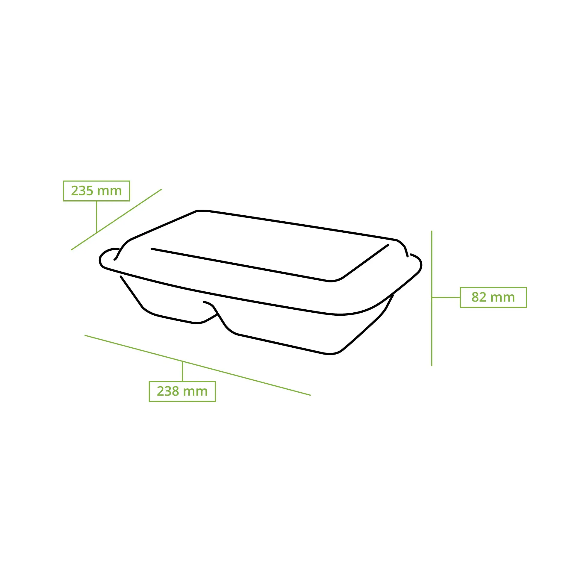 Biodegradowalny pojemnik na wynos z 3 przegrodami wykonany z trzciny cukrowej; wymiary 235 mm x 238 mm x 82 mm.