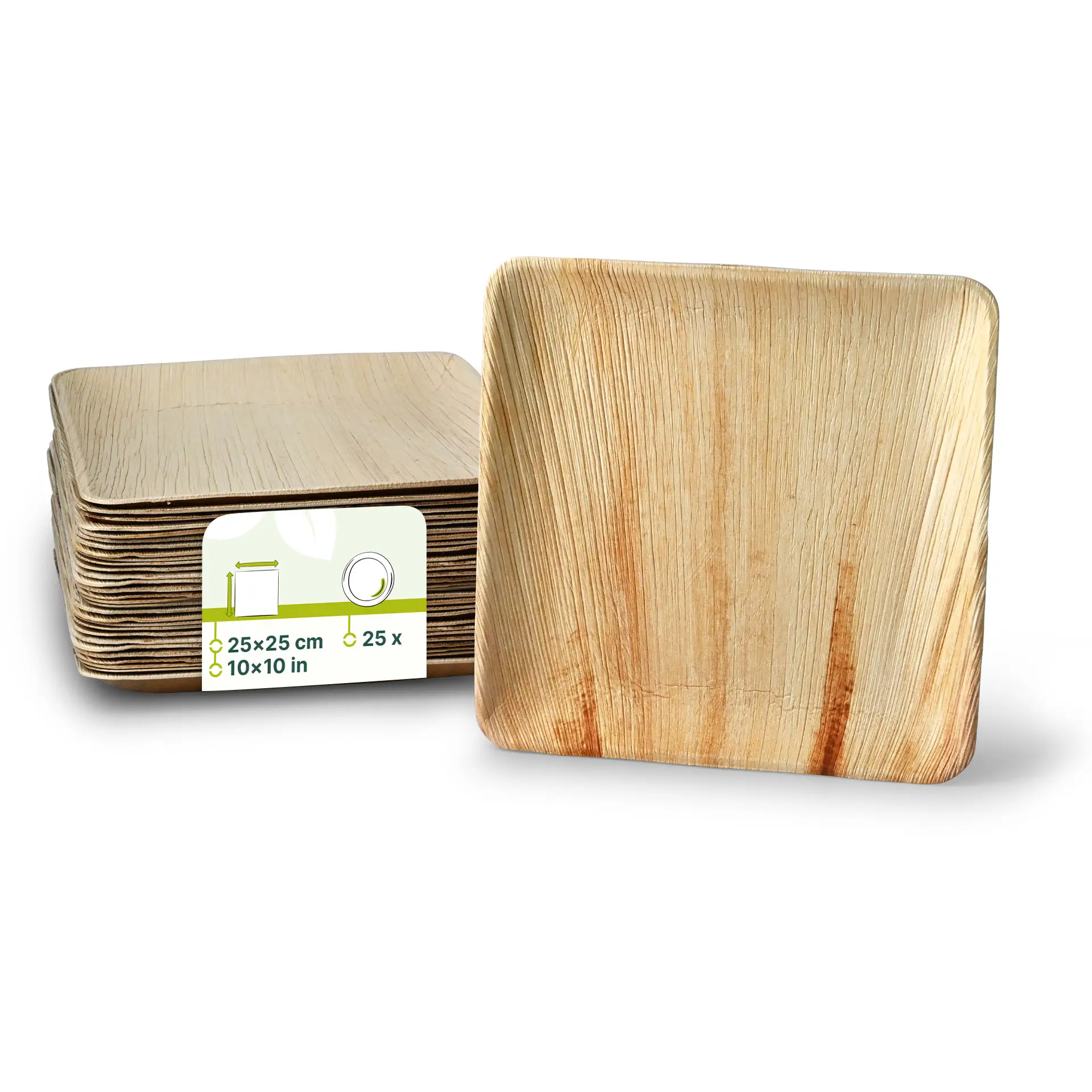 Jedna kwadratowa talerz z liścia palmy, 25 x 25 cm z naturalnym rysunkiem; częściowo widoczne są stosy talerzy za nim.