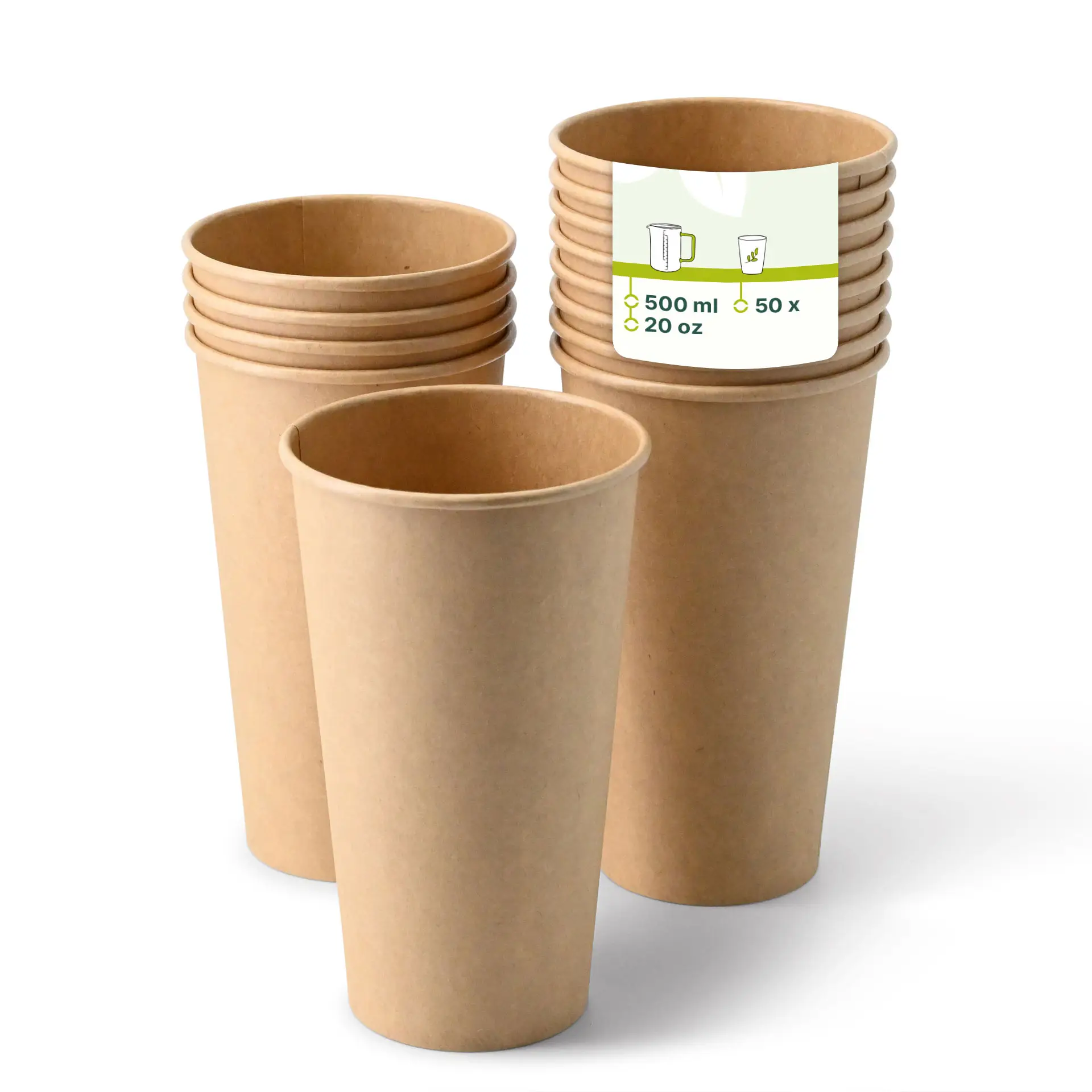 Jedna brązowa papierowa filiżanka (20 oz) na pierwszym planie; kilka podobnych filiżanek ułożonych za nią z etykietą z detalami produktu.