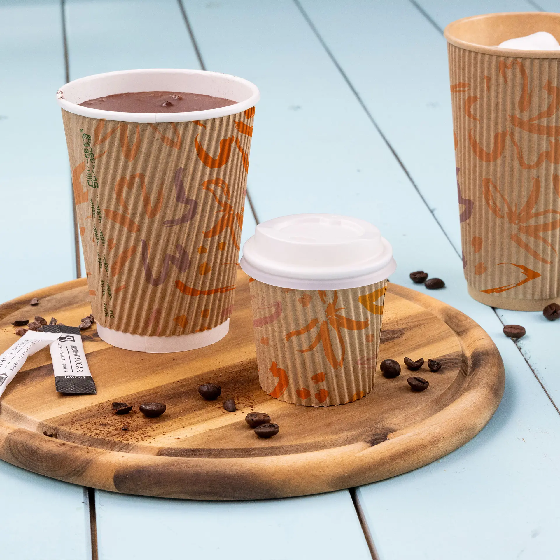 Riffelbecher bedruckt, 300 ml / 12 oz, braun / weiß, PLA-beschichtet
