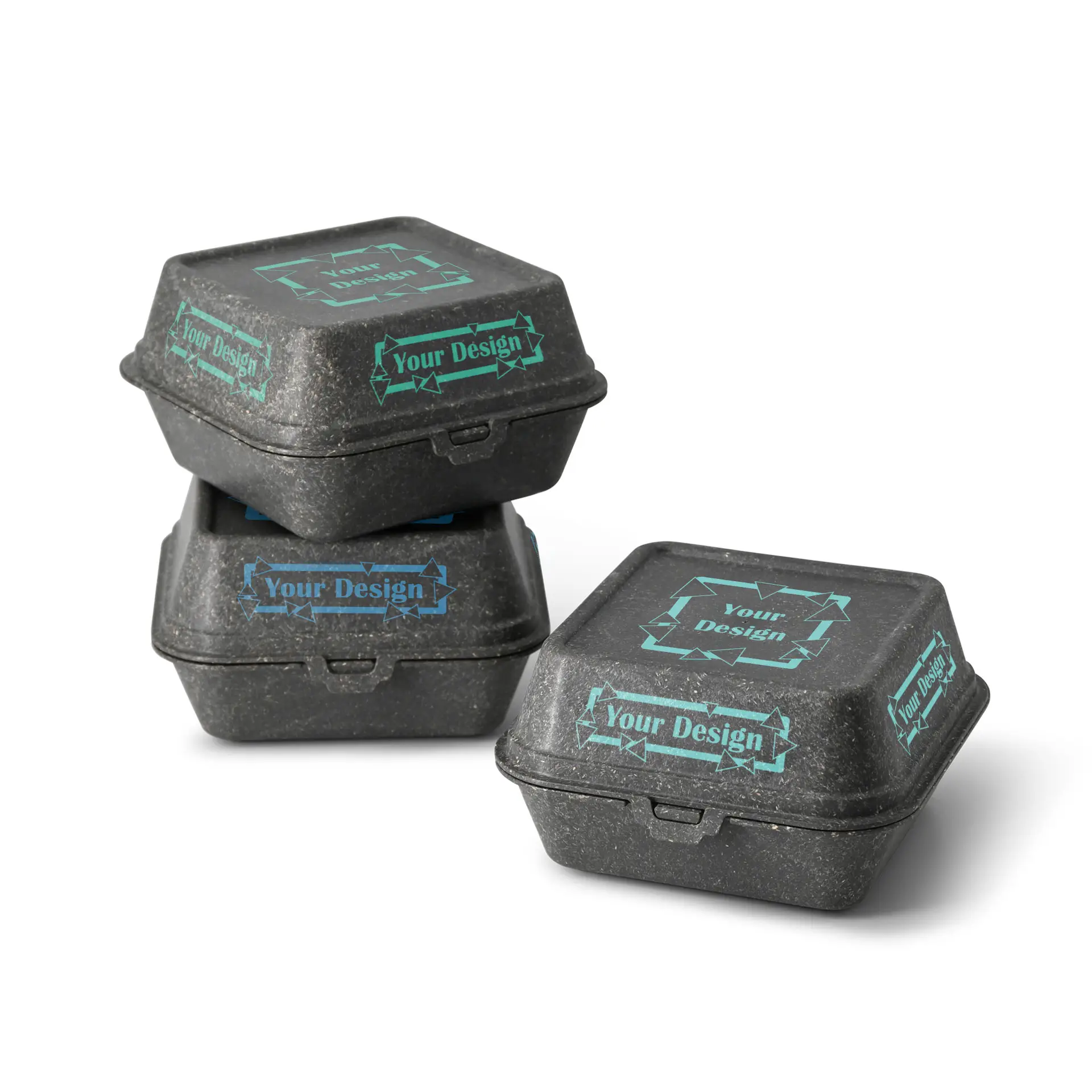 Nadruk na wielokrotnego użytku pudełkach na burgery, 16 x 15 x 8,5 cm, szare, nadruk na czterech stronach