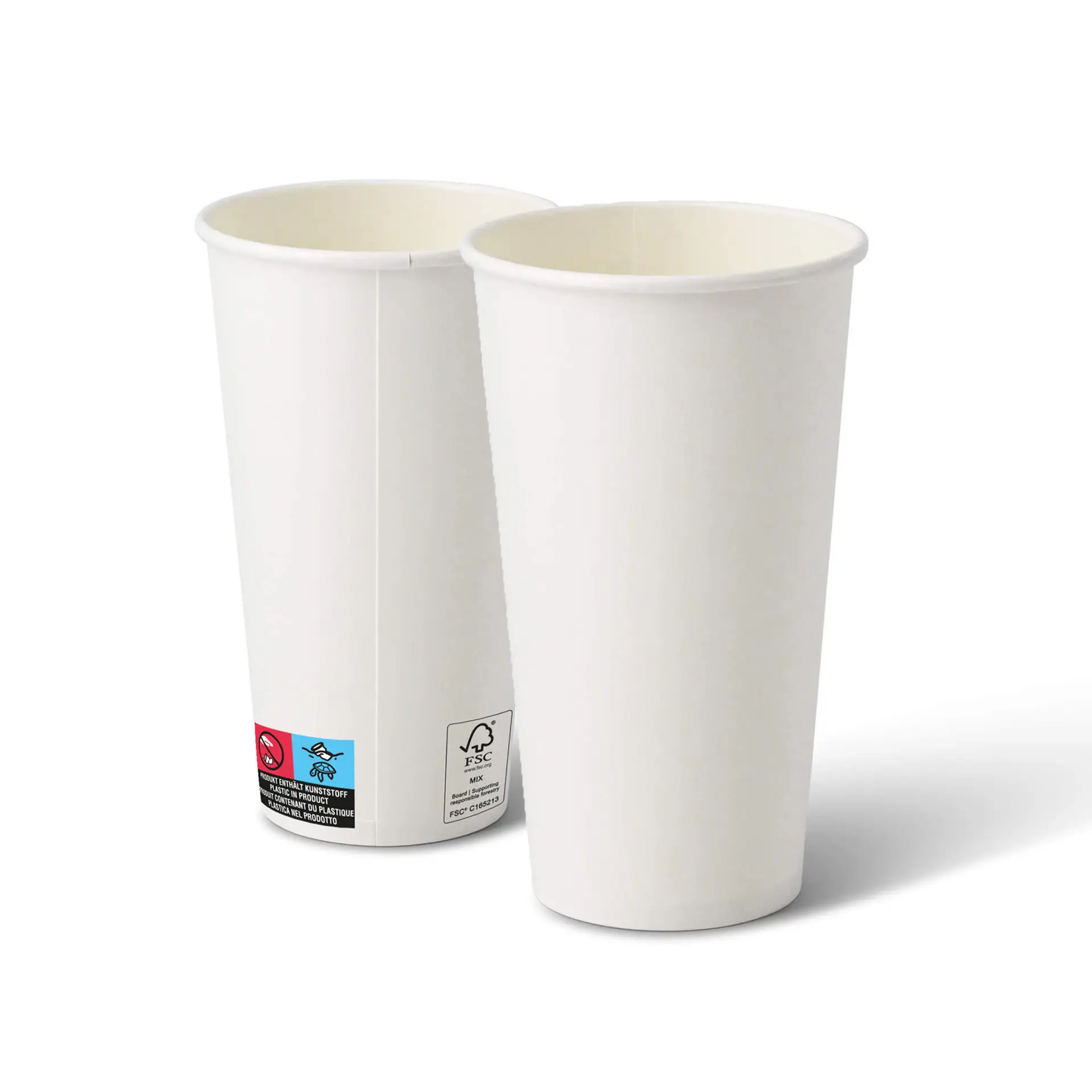 Dwa białe papierowe kubki, 20 oz, okrągły kształt, z widoczną powłoką wewnętrzną.