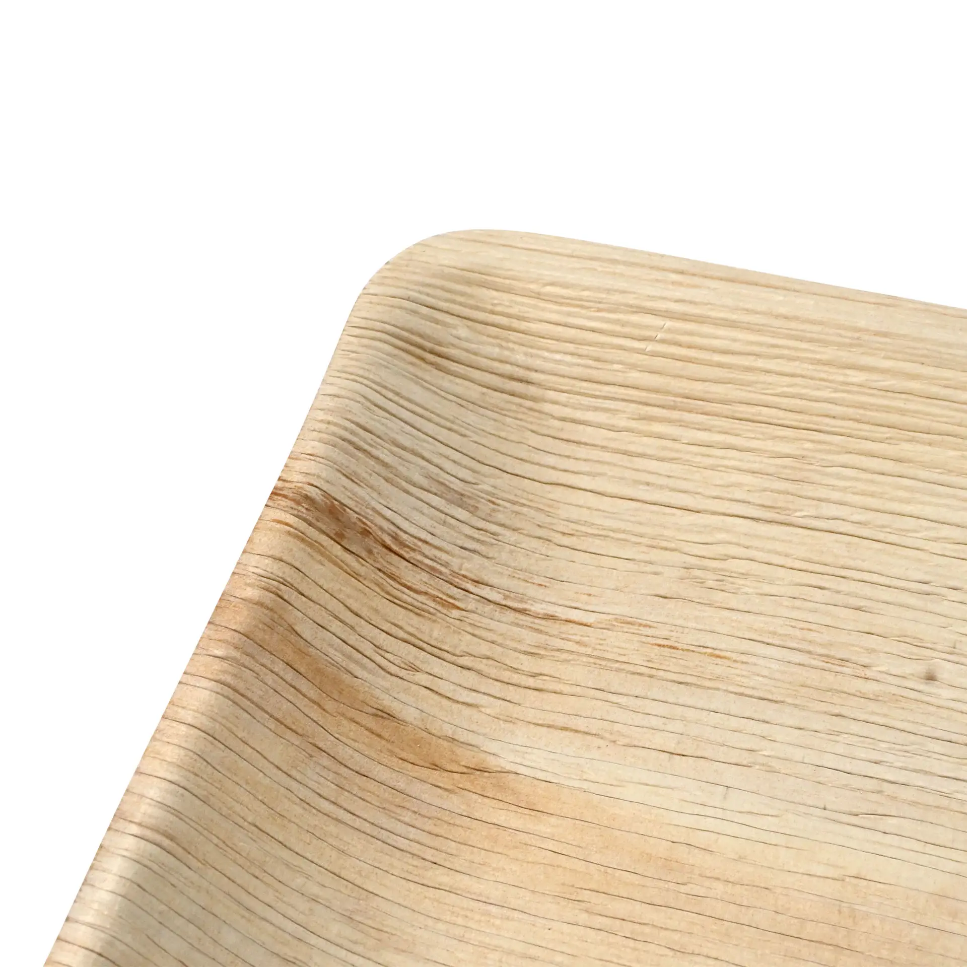 Kwadratowy talerz z liścia palmowego z rantem na sos, 20 x 20 cm; lekki, stosowalny, z naturalną fakturą drewna.