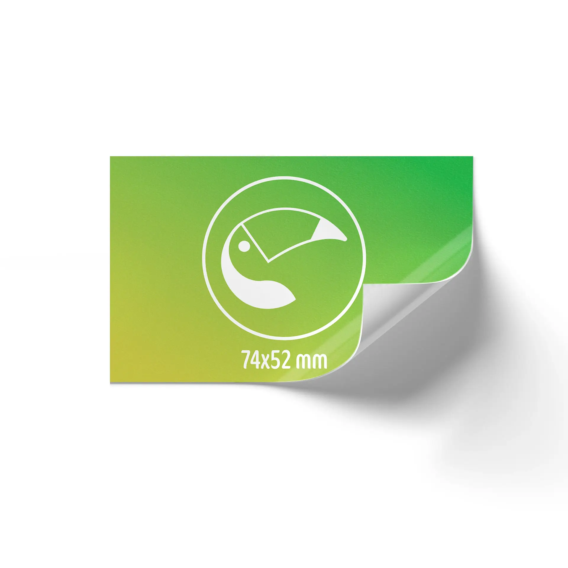 Prostokątna etykieta drukowana z błyszczącym białym wykończeniem, rozmiar 74x52 mm, częściowo zawinięta w rogu.