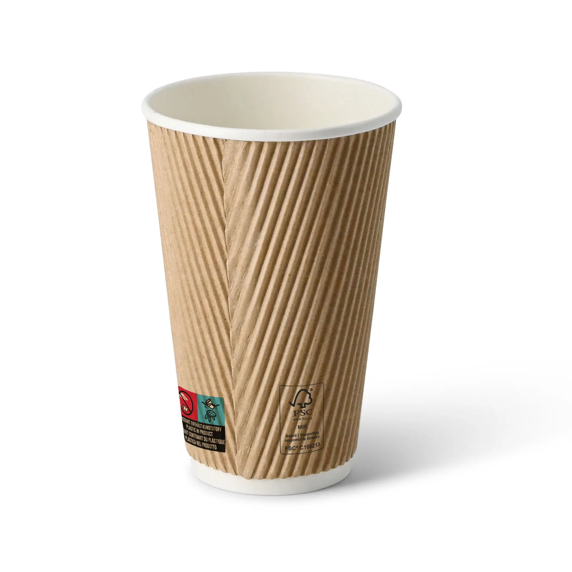 Brąski kubek z falistym wzorem i białym wnętrzem, pojemność 16 oz, okrągły kształt i widoczne symbole certyfikacji.