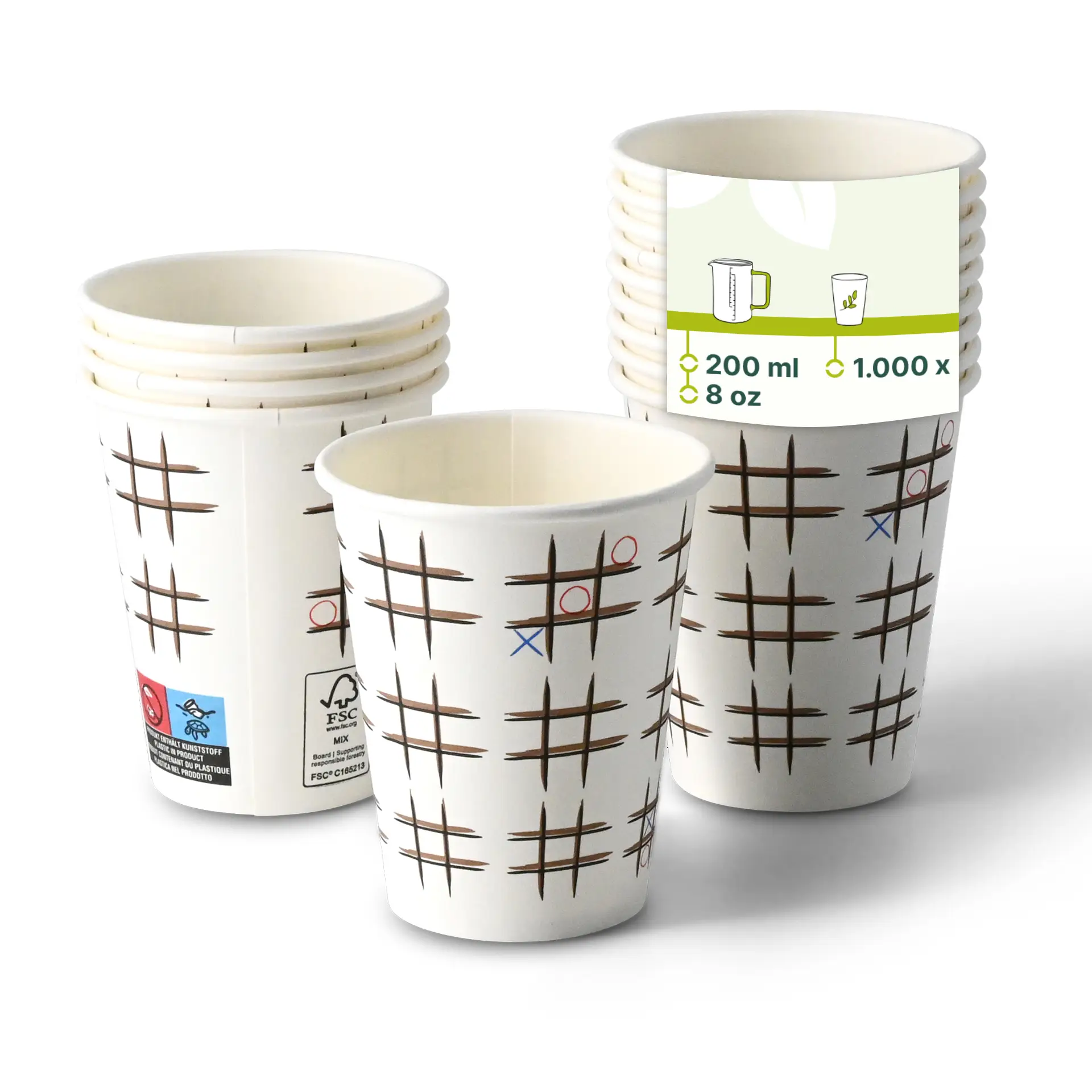 Białe kubki papierowe z nadrukiem "Tic Tac Toe", okrągły kształt, pojemność 8 oz, ułożone jeden na przodzie.