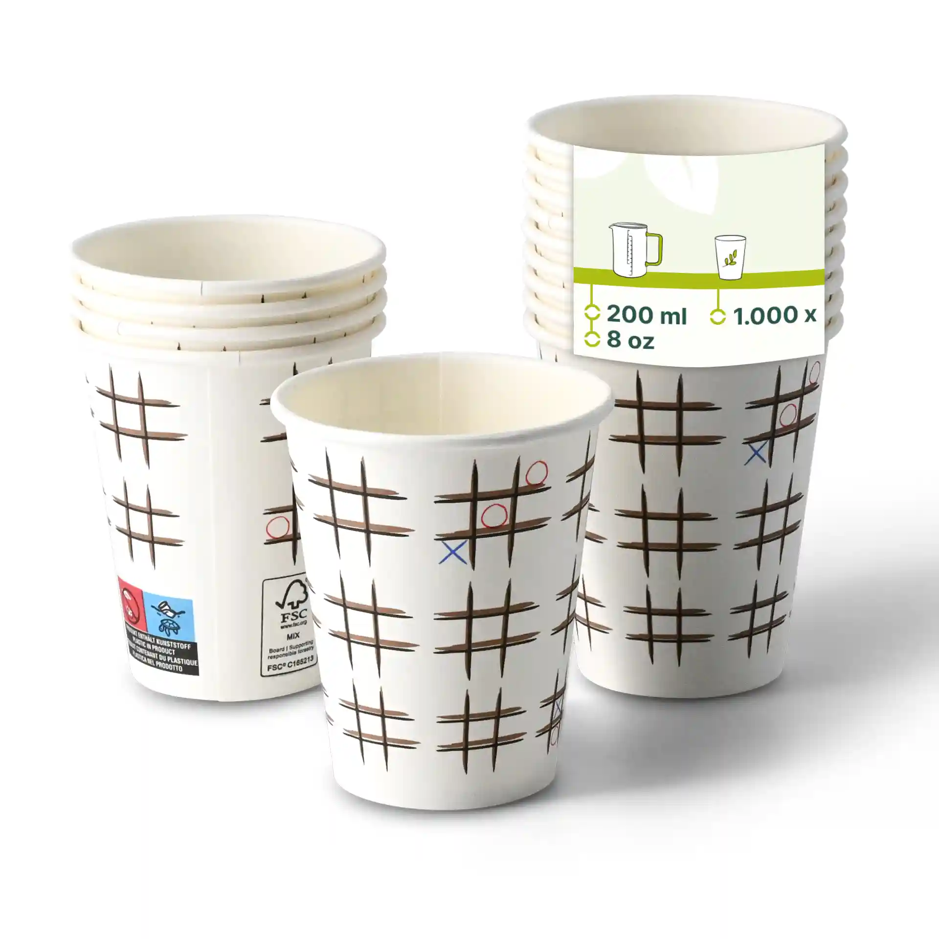 Białe kubki papierowe z nadrukiem "Tic Tac Toe", okrągły kształt, pojemność 8 oz, ułożone jeden na przodzie.