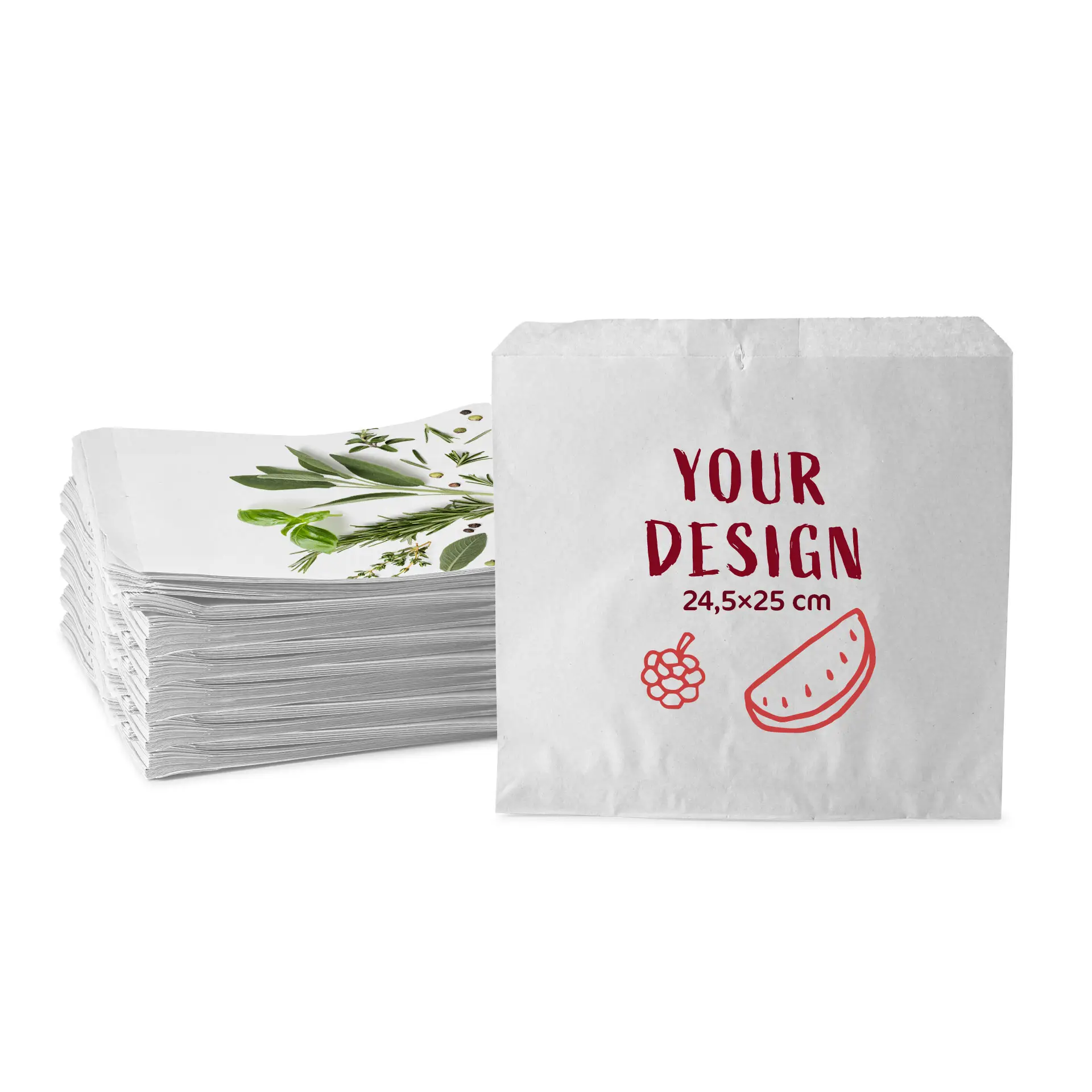 Torby płaskie z nadrukiem, białe, 24,5 × 25 cm