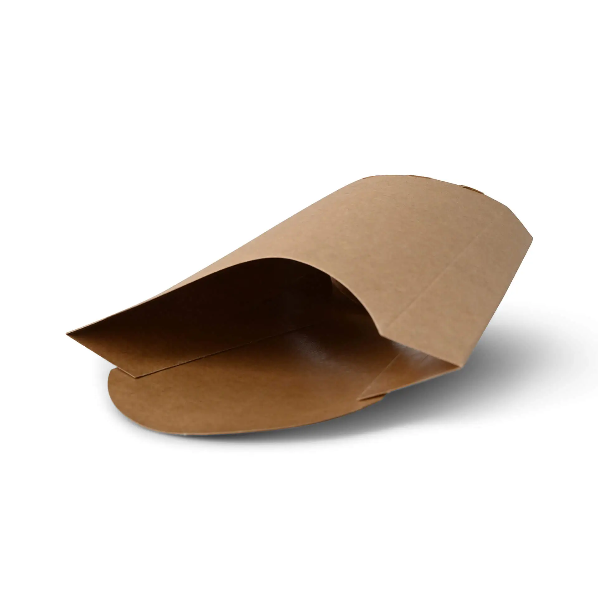 Brąska kartonowa łopatka do serwowania frytek, z otwartą klapką dla cyrkulacji powietrza; biodegradowalna i odporna na tłuszcz.