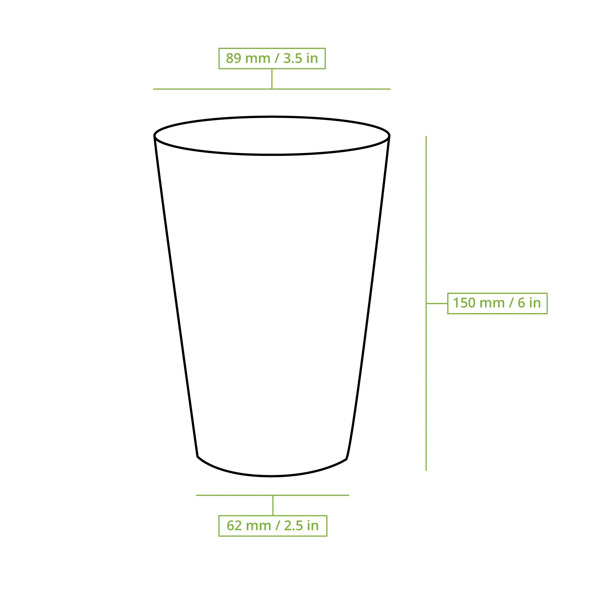 Jednowarstwowy biały kubek papierowy z powłoką PLA, pojemność 500 ml, średnica 89 mm i wysokość 150 mm.