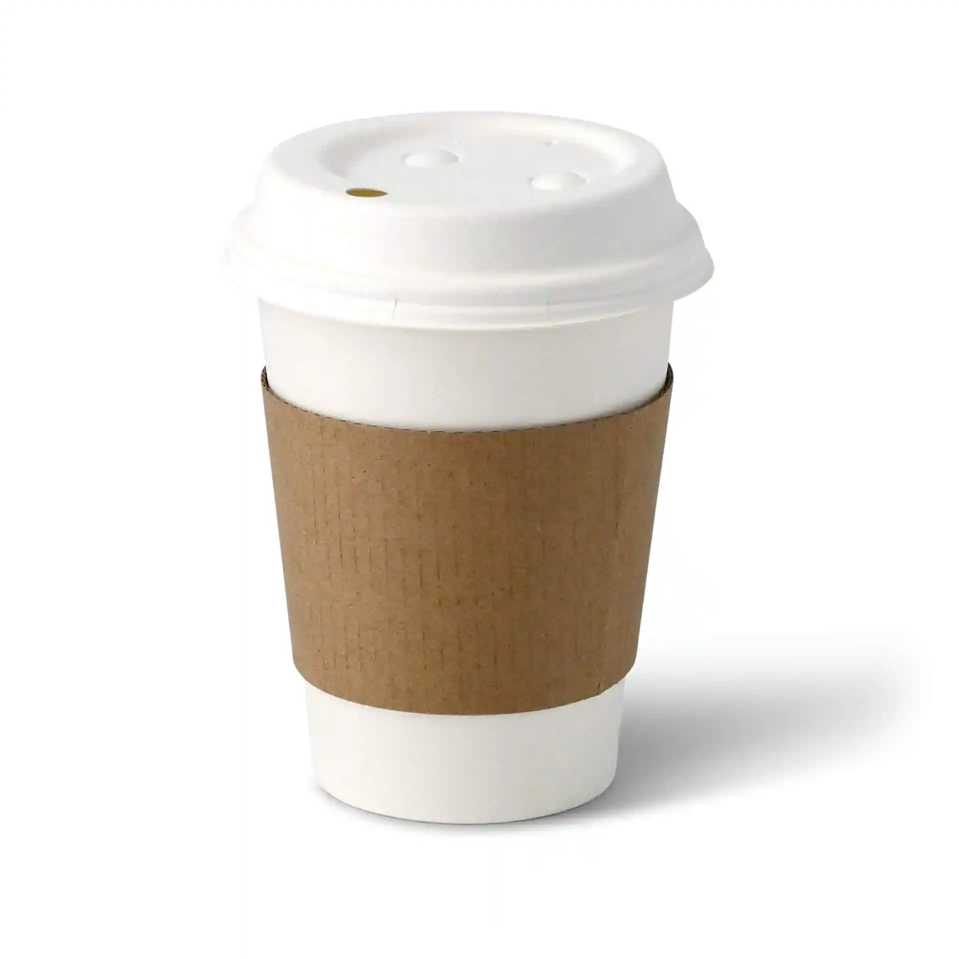Brąski kartonowy rękaw do kubków papierowych 300/400/500 ml, z białym kubkiem papierowym i pokrywką.