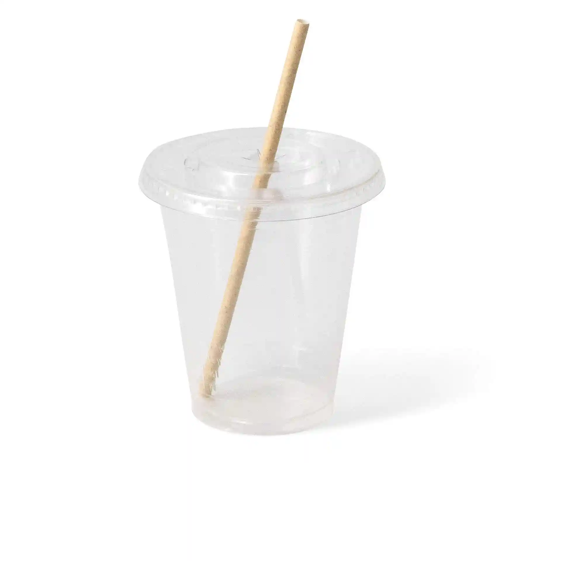 Przezroczysty plastikowy kubek 12 oz z papierową słomką, średnica 95 mm, wysokość 106 mm.
