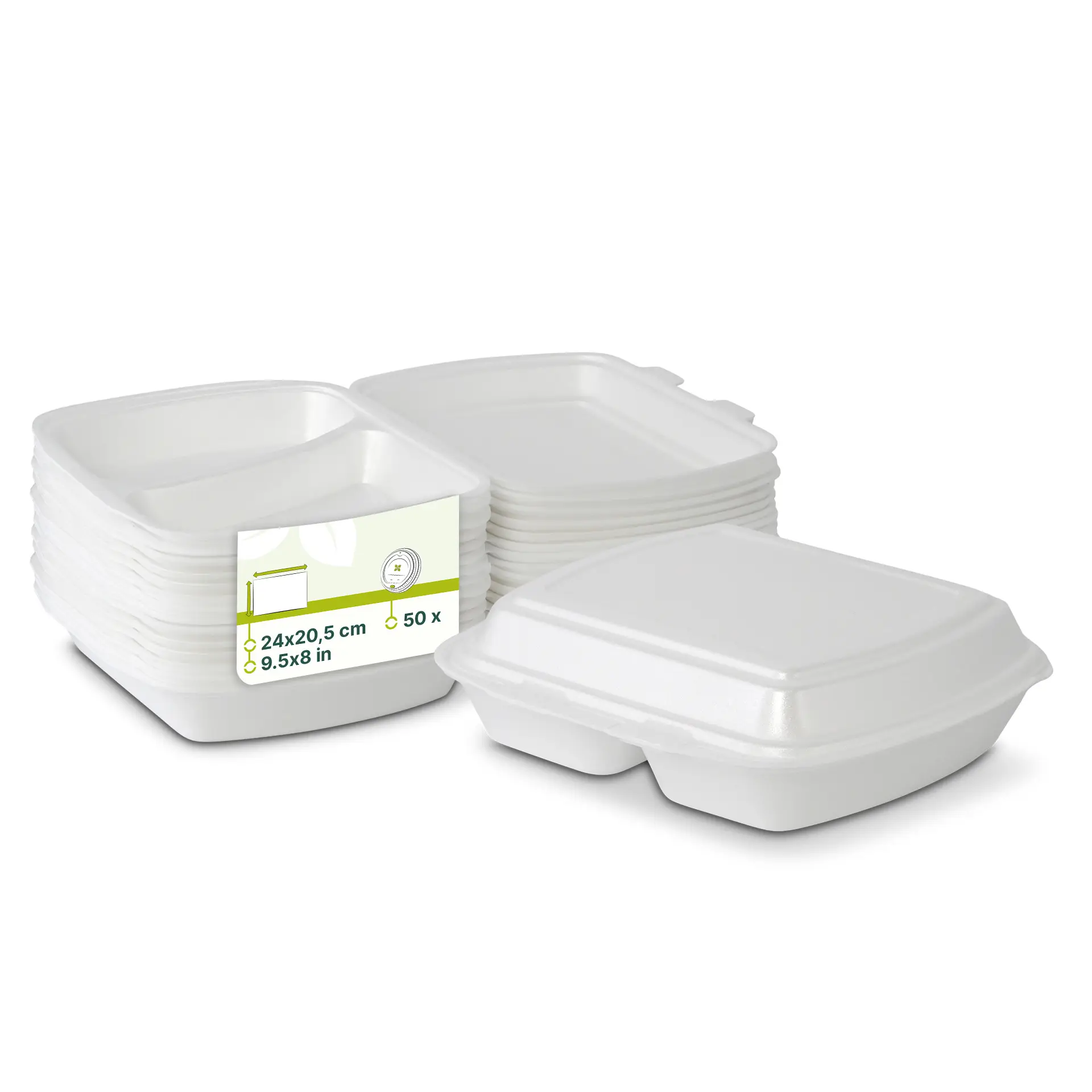 Białe pudełka na wynos ułożone w stos, z etykietą wskazującą rozmiar i ilość, odpowiednie do przechowywania żywności.