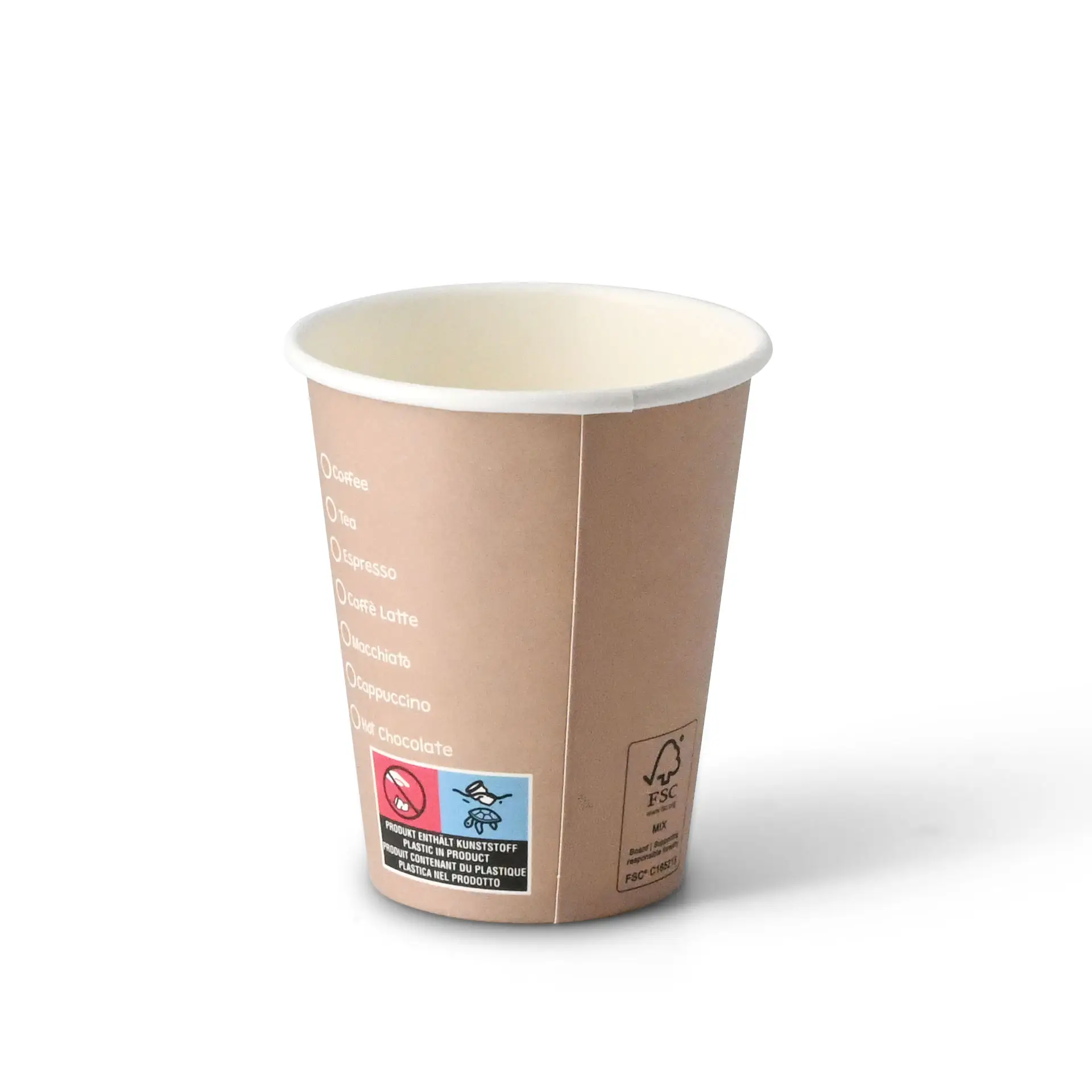 Jedna papierowa filiżanka 8 oz z nadrukiem "Coffeebreak"; design odpowiedni do napojów gorących i zimnych, z powłoką PE.