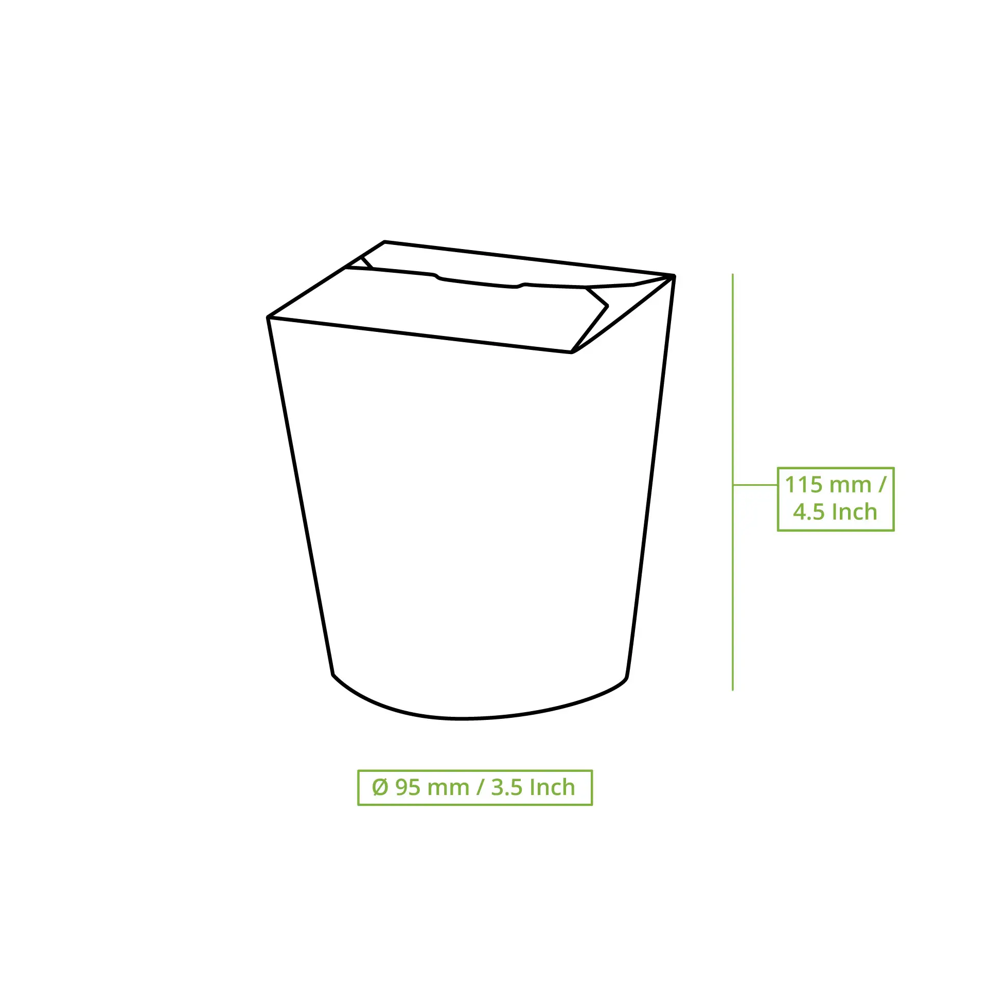 Pudełko na noodle z tektury kraft z wnętrzem z bioplastiku; wymiary 115 mm wysokości i 95 mm średnicy.