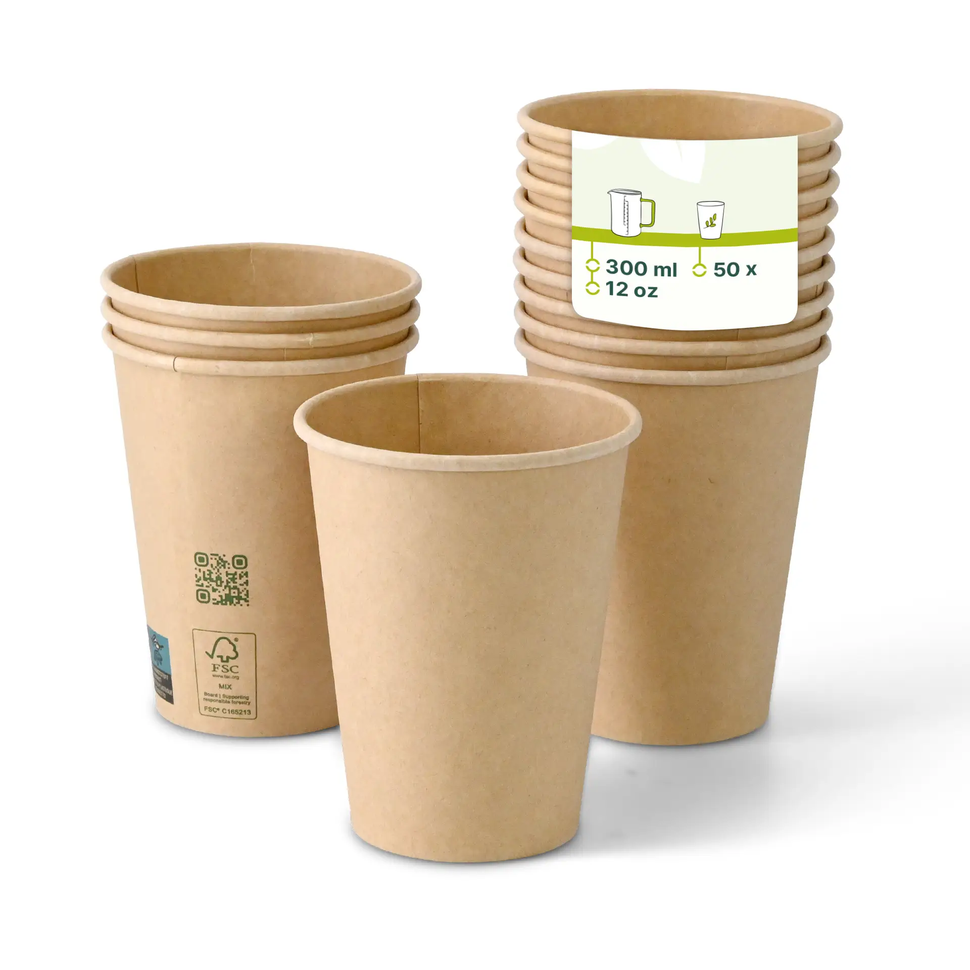 Jednowarstwowy brązowy kubek papierowy, 300 ml / 12 oz, pokryty PLA, zaprojektowany do napojów gorących i zimnych; kilka kubków ułożonych z tyłu.