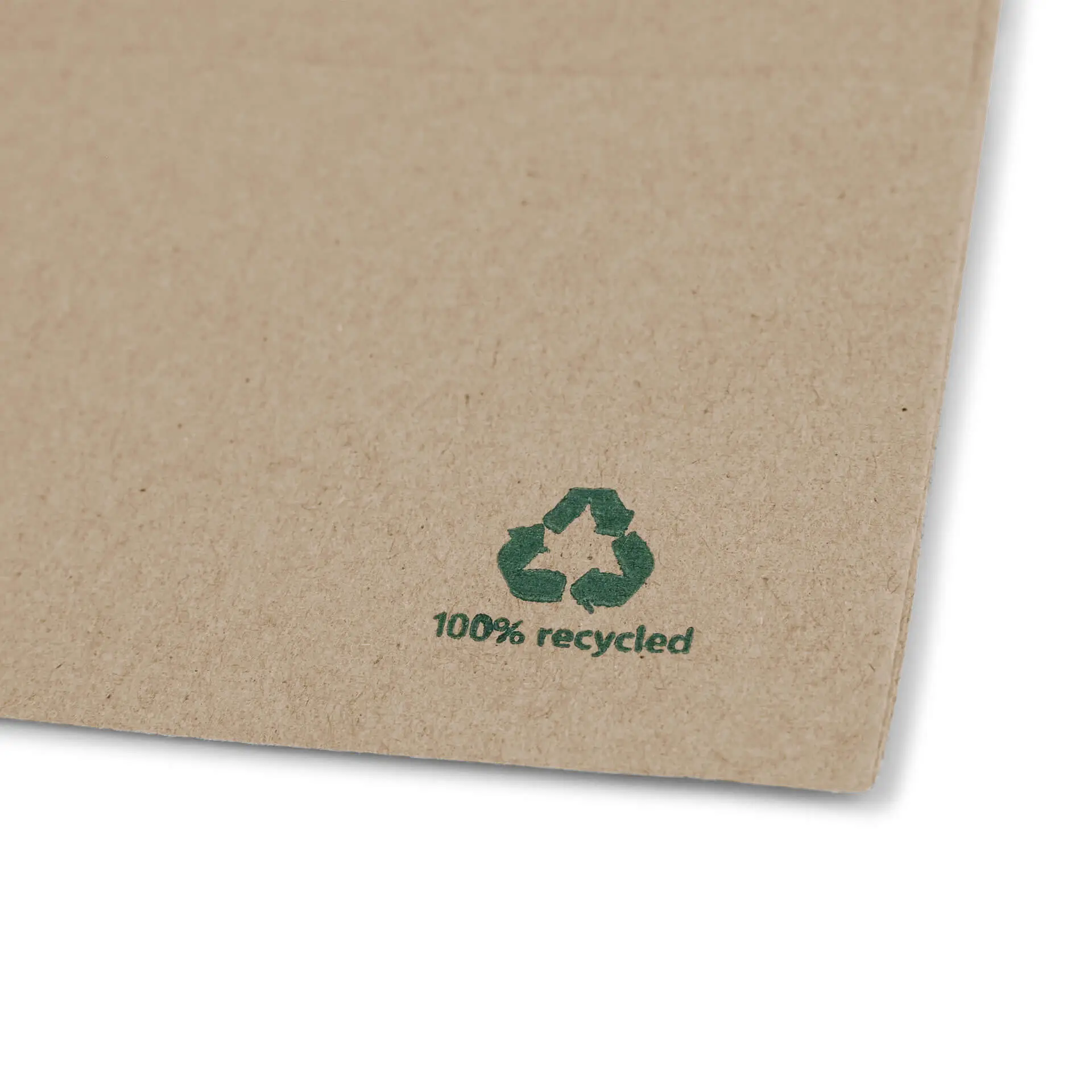 Brąser napkin z recyklingu z zielonym logo recyklingu i napisem "100% recykling" na dole.