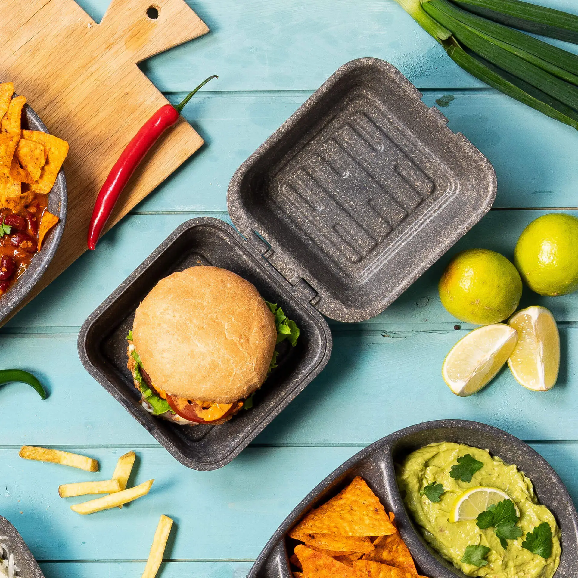 Wielorazowe pudełka na burgery "merways Box" 16 x 15 x 8,5 cm, pieprz / szary