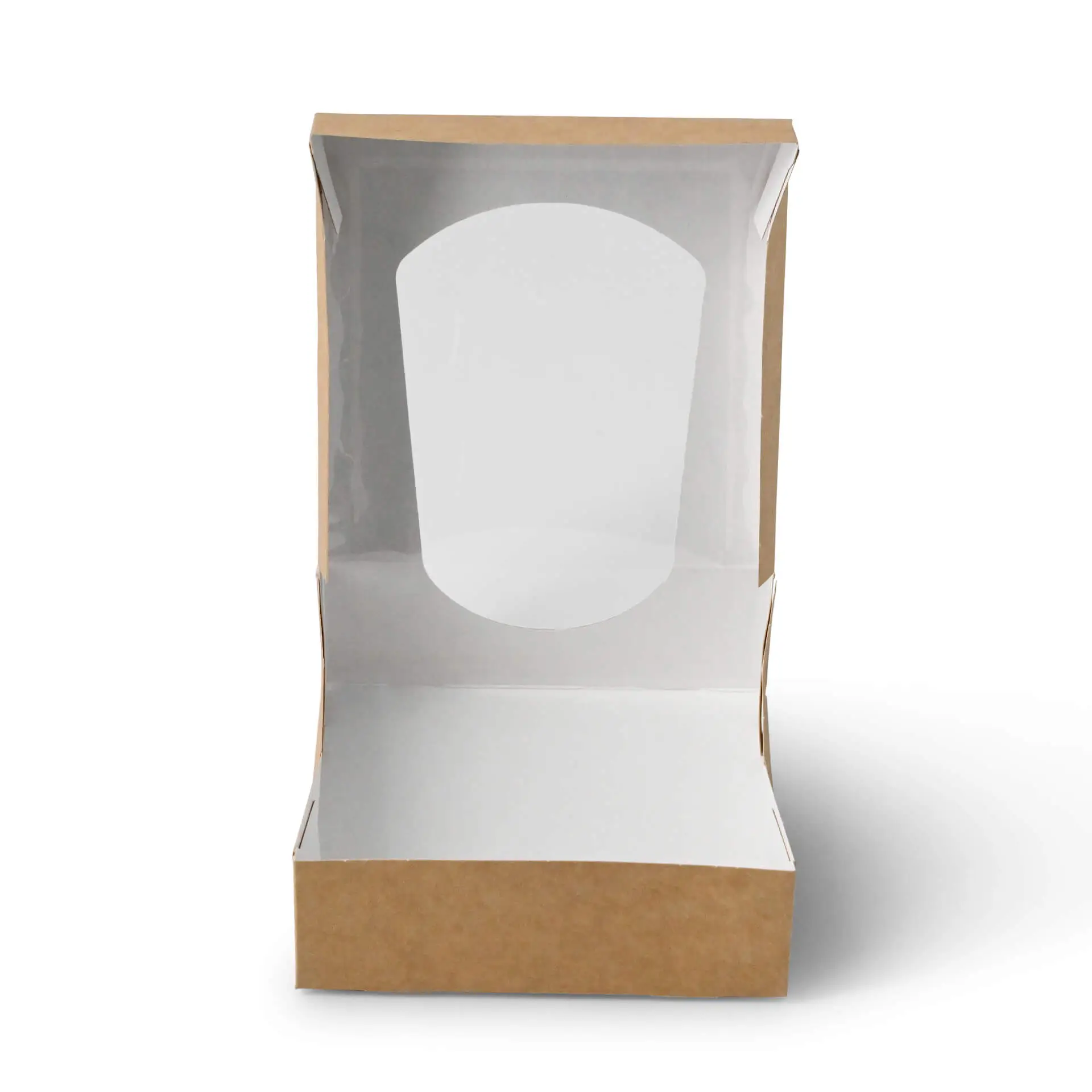 Brąski kartonowy box z oknem z celulozy, 12 x 12 x 4 cm, z białym wnętrzem.