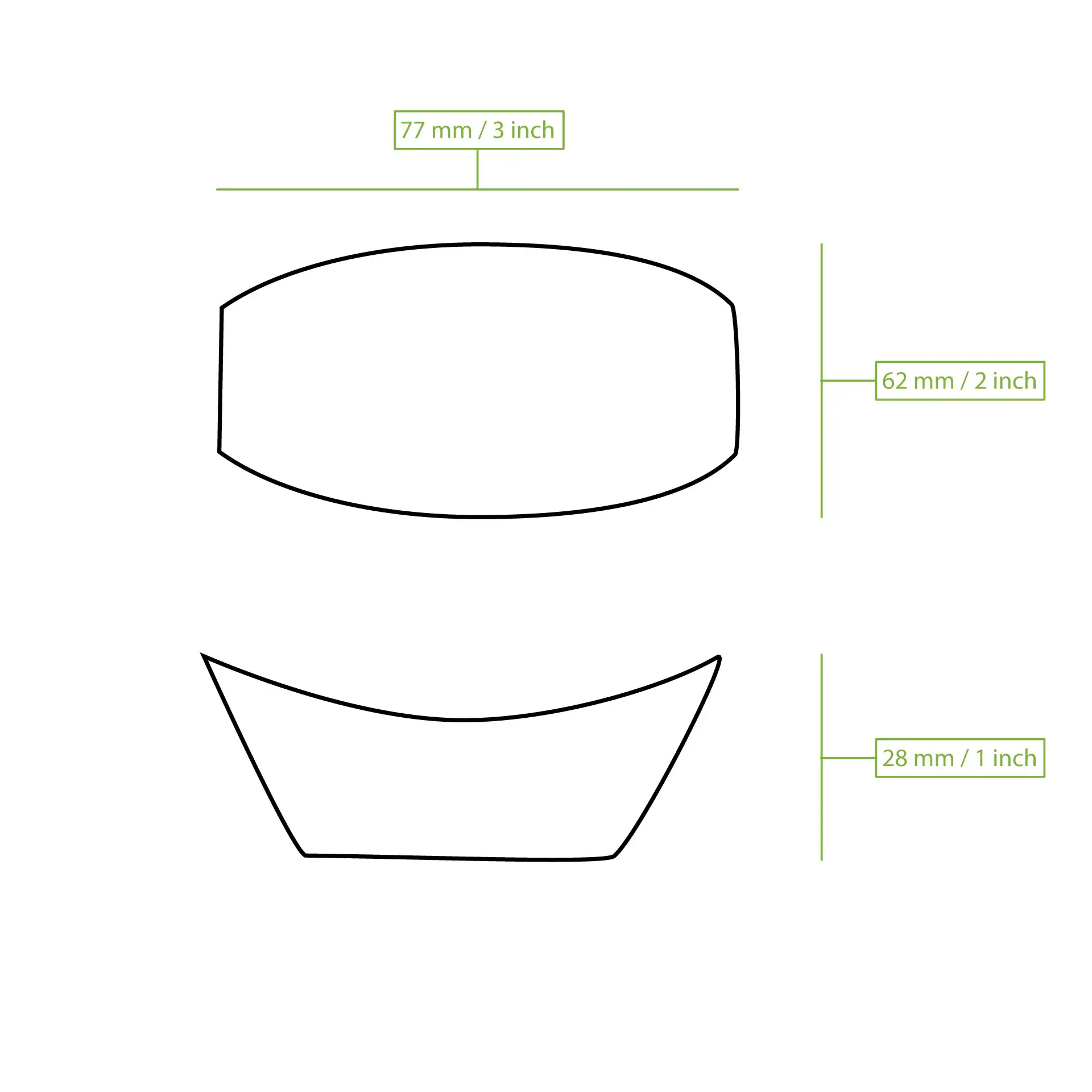 Drewniana miska w kształcie łodzi, wymiary 77 mm na 62 mm; odpowiednia do potraw gorących i zimnych, naturalnie biodegradowalna.