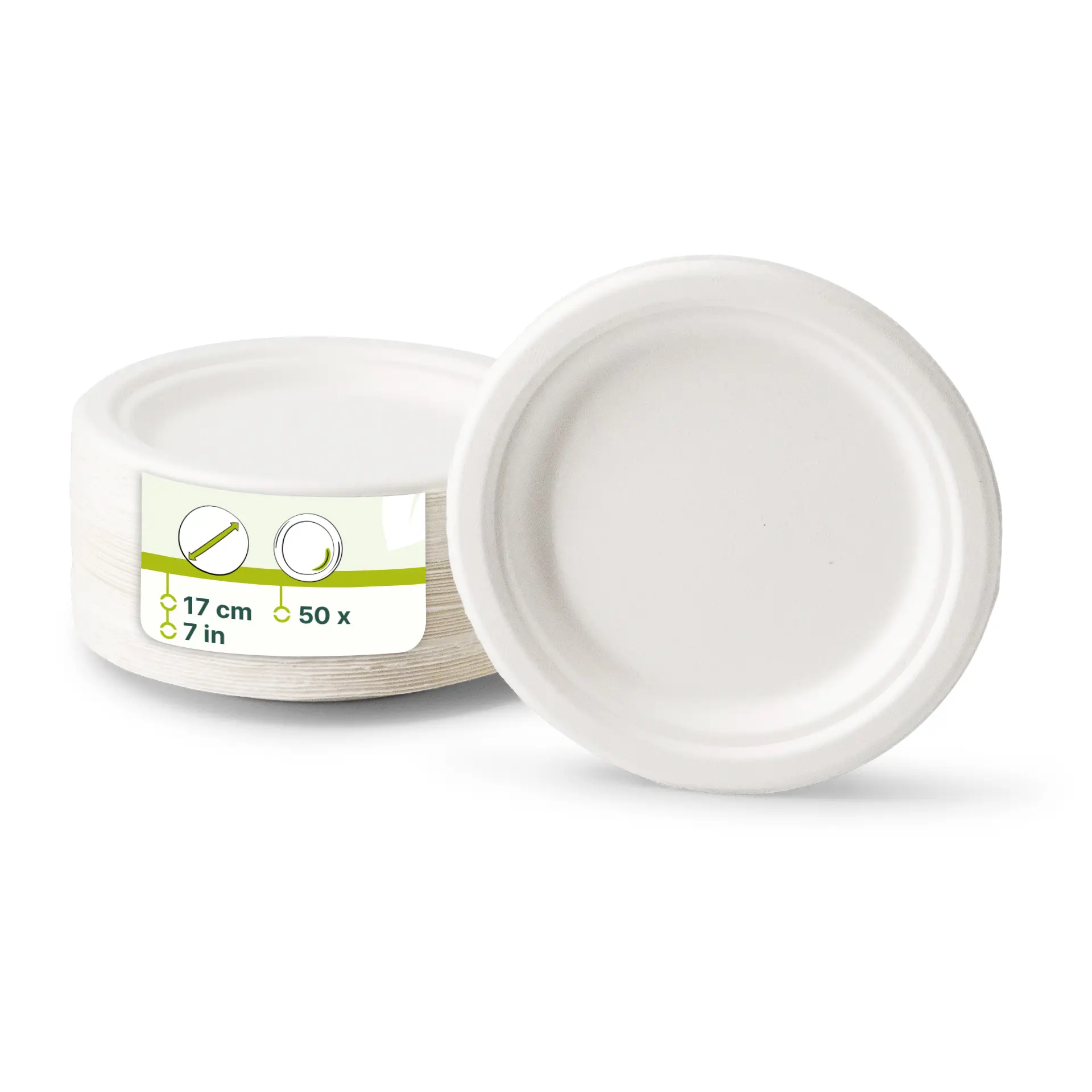 Jedno białe okrągłe talerzyk z trzciny cukrowej, średnica 17 cm, z częściowo widoczną stertą podobnych talerzy.