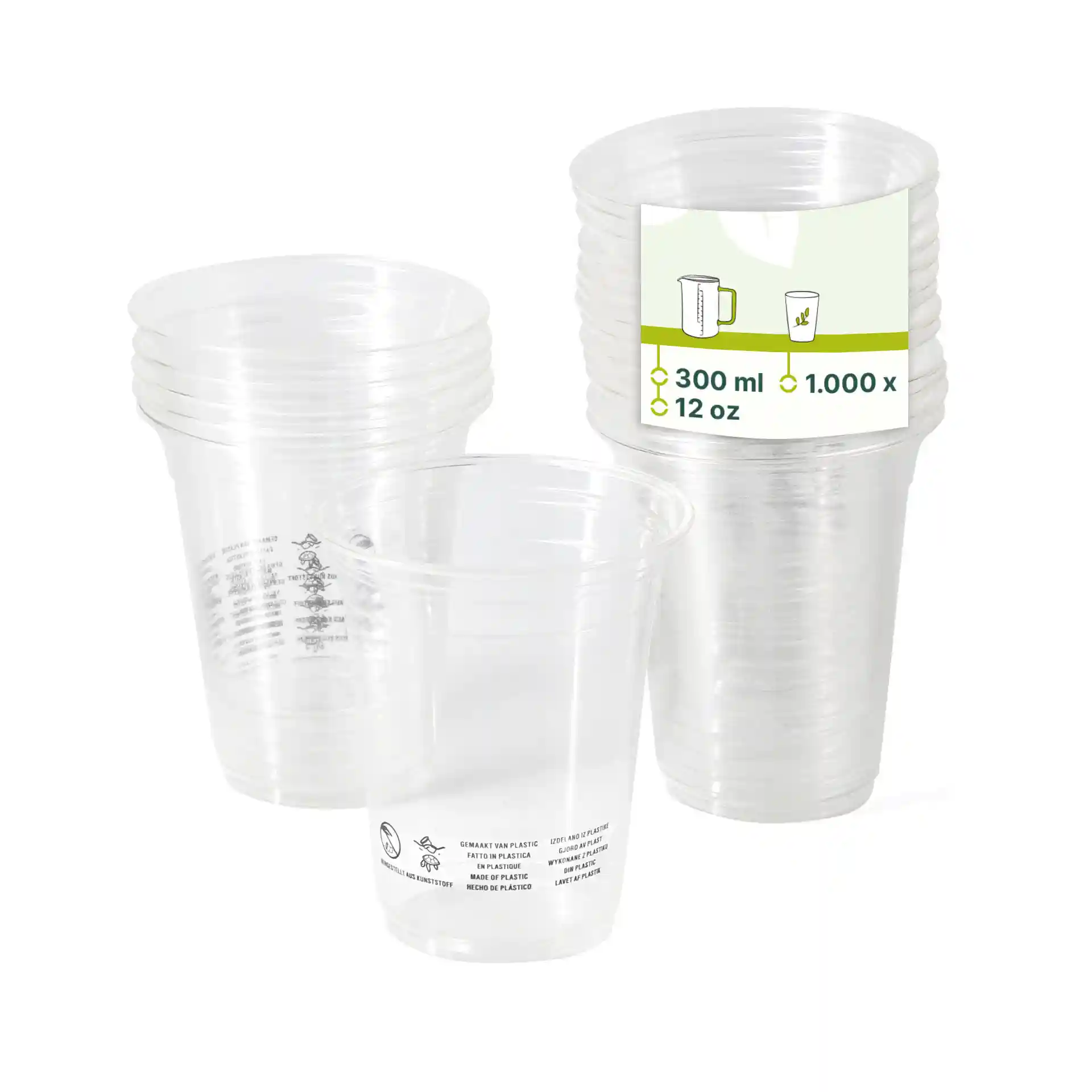 Przezroczyste plastikowe kubki ułożone w stos, z jednym kubkiem z przodu, pokazującym etykietę z pojemnością 300 ml i rozmiarem 12 oz.