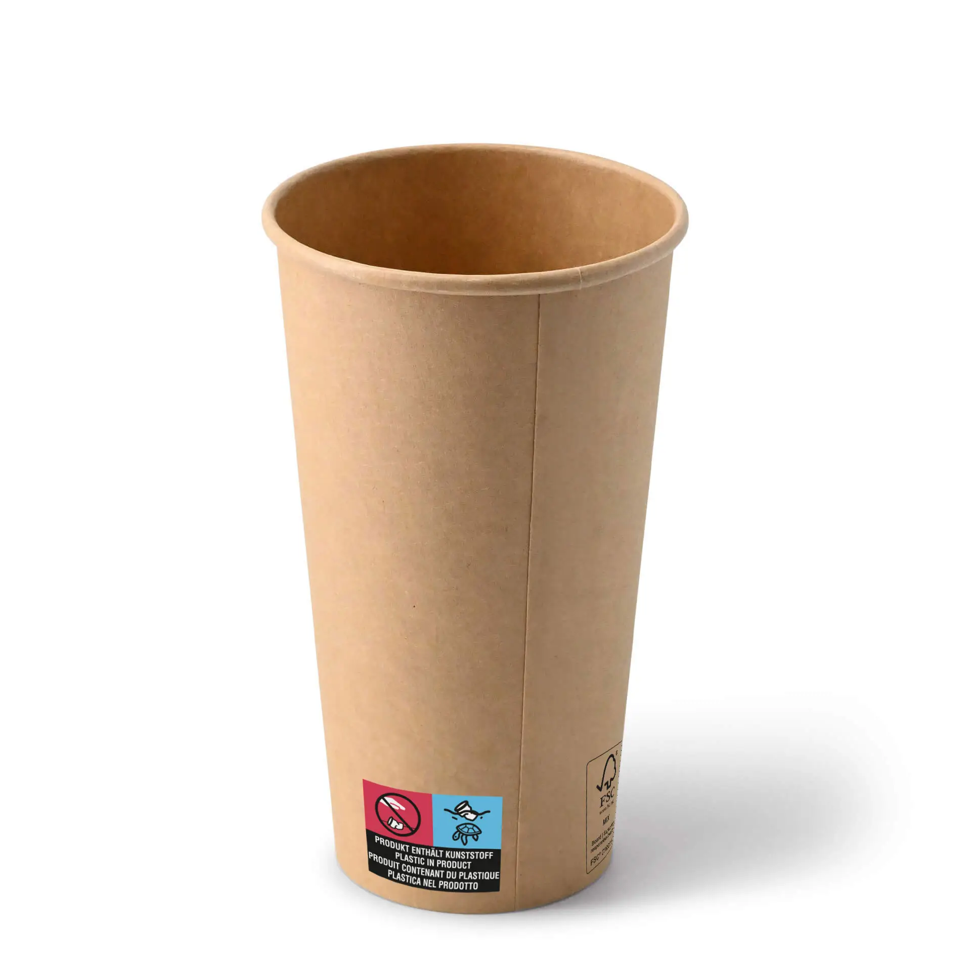 Brązowy papierowy kubek 20 oz o klasycznym wzorze; etykieta wskazująca cechy ekologiczne i informacje o recyklingu.