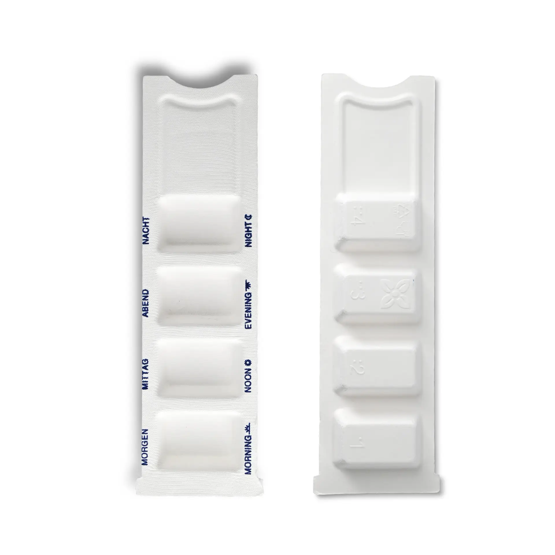 Biodegradowalny dozownik na leki z czterema przegródkami oznaczonymi na rano, w południe, wieczorem i w nocy; wykonany z bagassy i rPET.