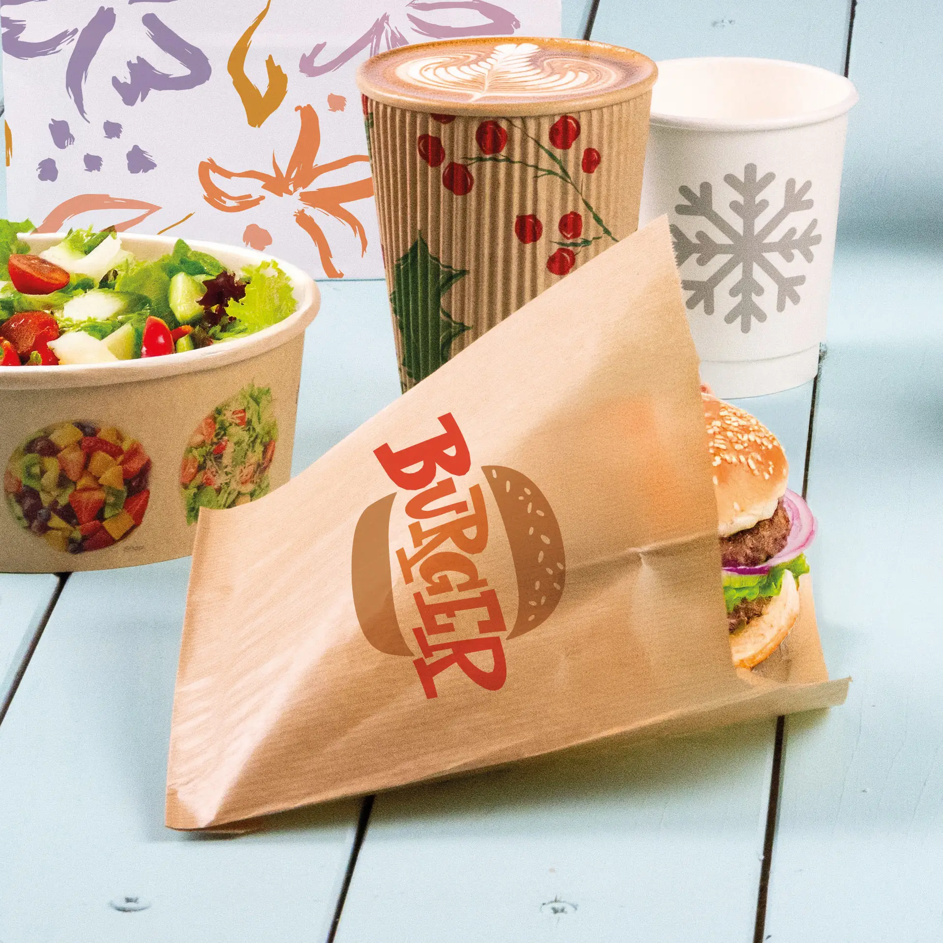 Torebki na burgery z nadrukiem, 15 x 16 cm, brązowe