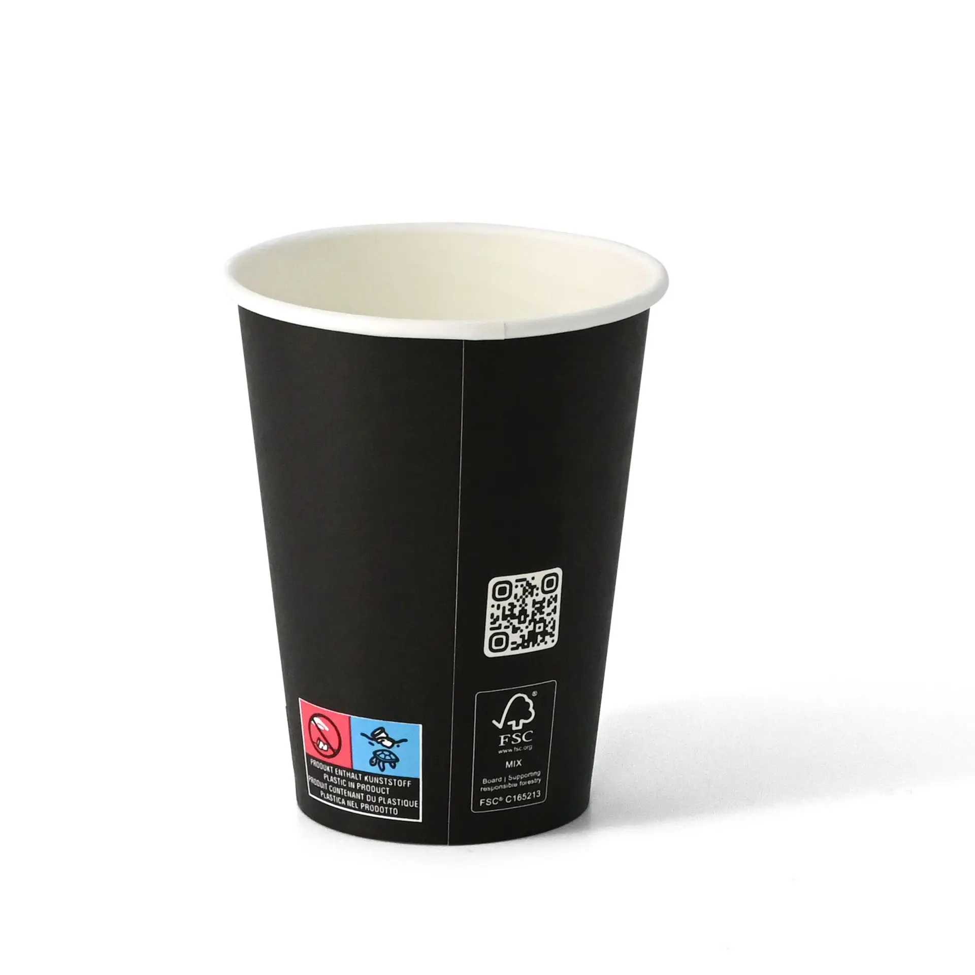 Czarny kubek papierowy z PLA-powłoką wewnętrzną, pojemność 300 ml i średnica 90 mm.