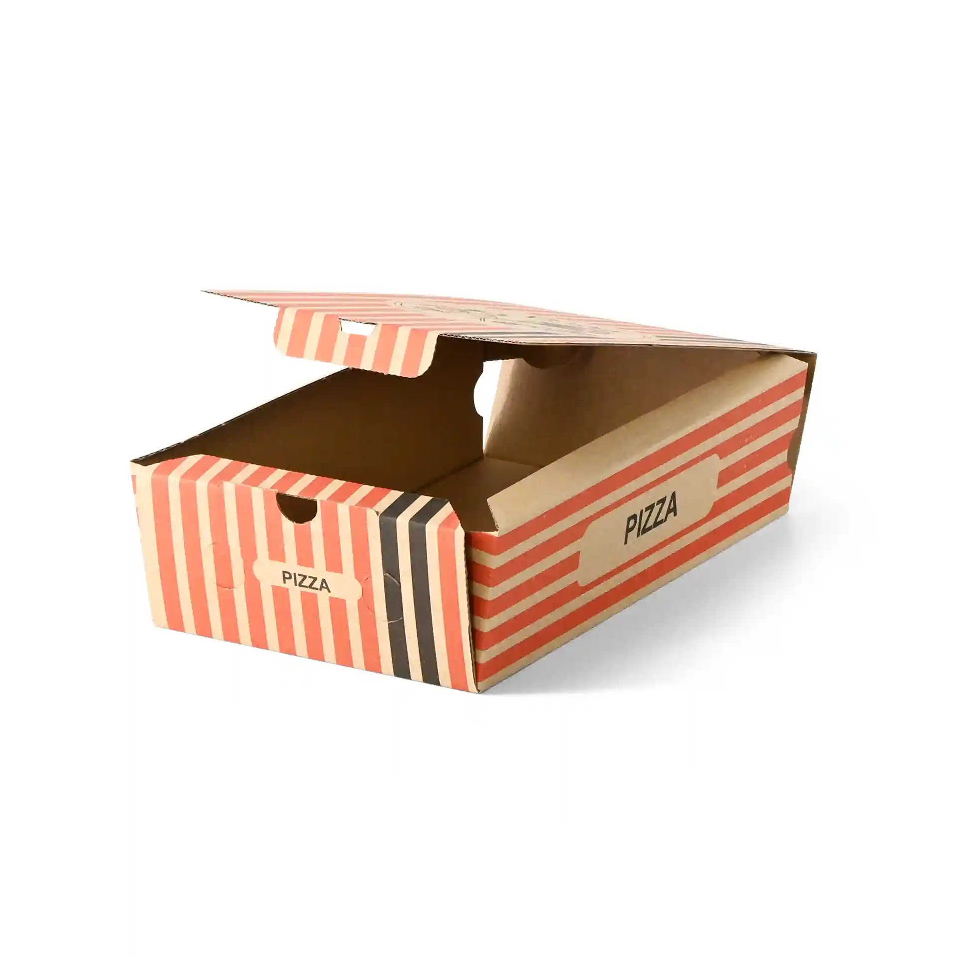 Brąsna pudełko na pizzę z wzorem szefa kuchni, o wymiarach 27 x 16 x 7 cm, częściowo otwarte, aby pokazać wnętrze.