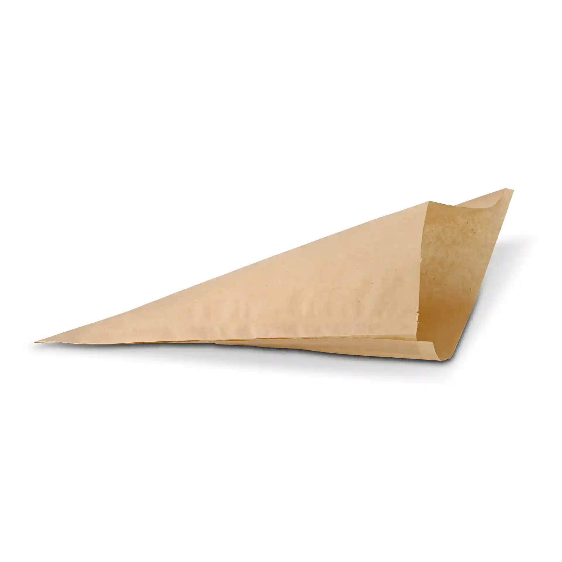 Brązowa papierowa torba na frytki, odporna na tłuszcz, w kształcie trójkąta, otwarta, o wymiarach 23 cm na 23 cm.