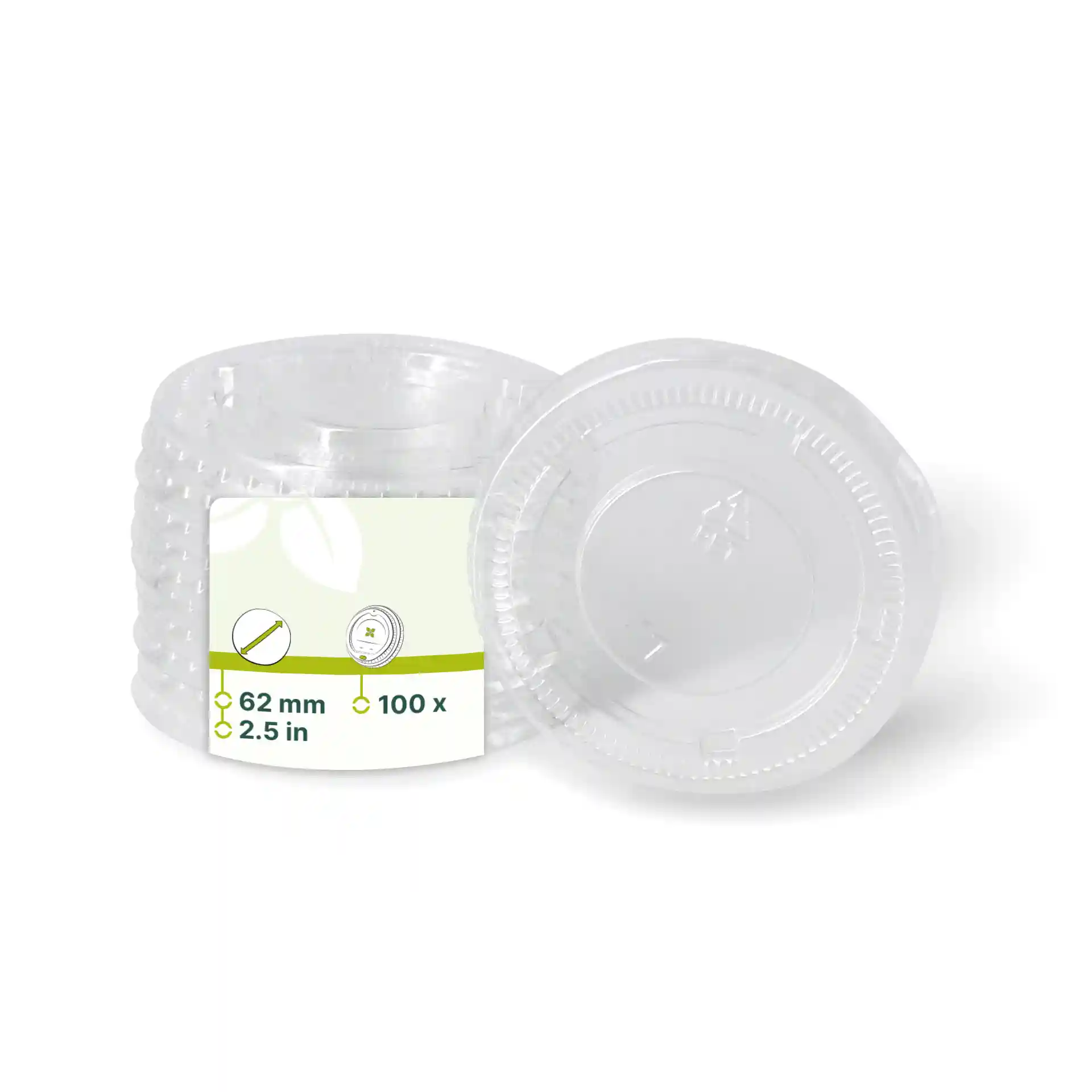 Przezroczyste okrągłe pokrywki PET o średnicy 62 mm, ułożone z etykietą z danymi produktu.
