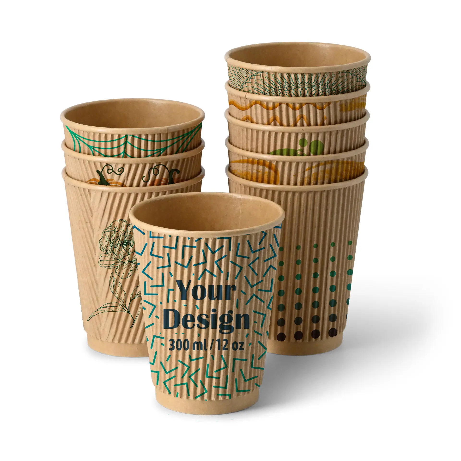 Riffelbecher bedruckt, 300 ml / 12 oz, braun, PLA-beschichtet